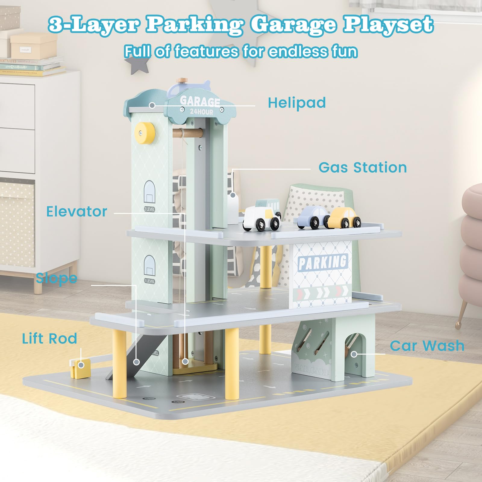 HOMASIS Set di garage a 3 piani, parcheggio in legno con 4 auto, eliporto, stazione di servizio, ascensore, lavaggio auto, garage giocattoli di ruolo per bambini dai 3 anni in su, 50 x 40 x 47 cm,
