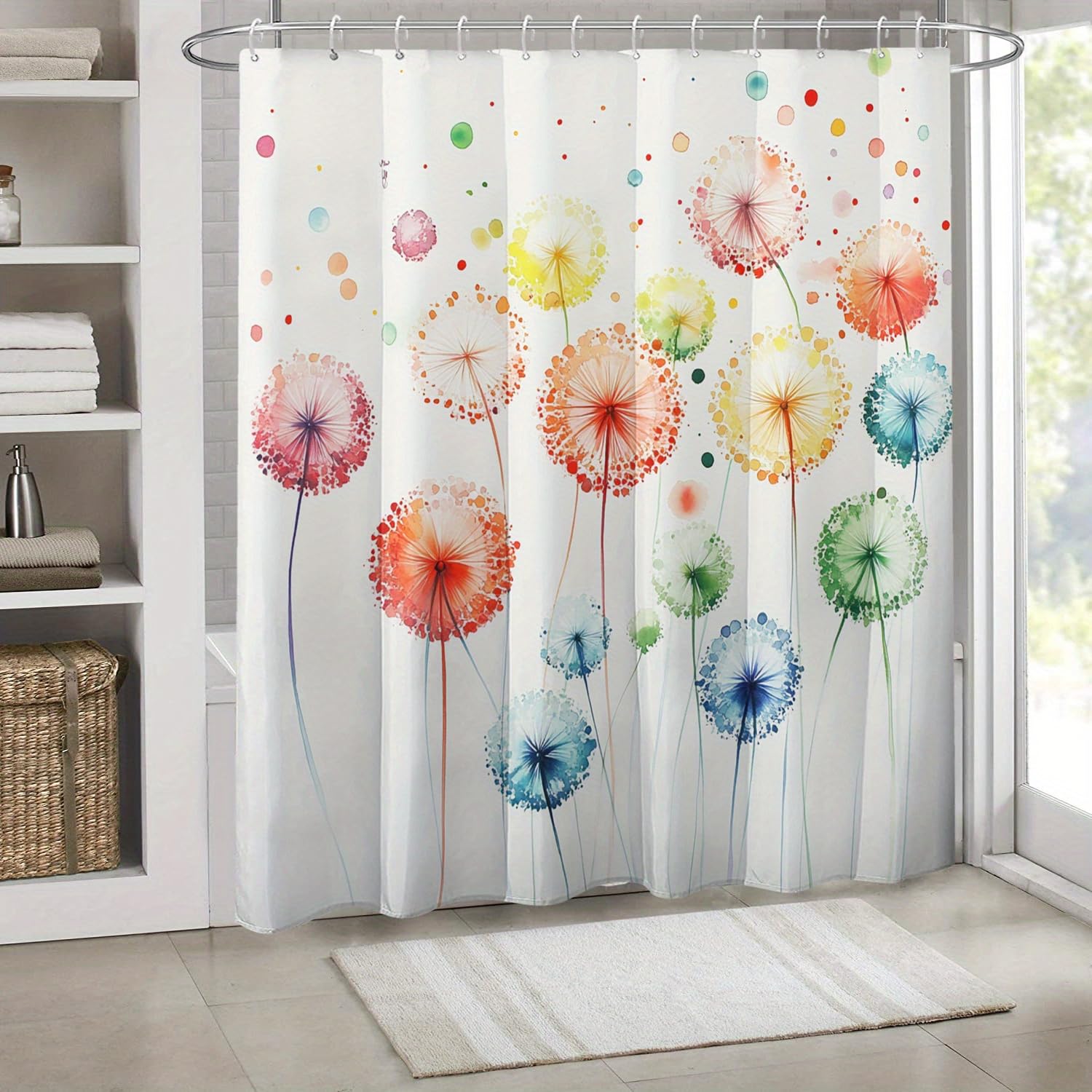 GLWDMB 1 Piece 150x180CM Colorful Watercolor Dandelion Printed Shower Curtain With Hook, Polyester, for Windows And Walls, Bathtub, Bathroom, Machine Washable, All Season Universal