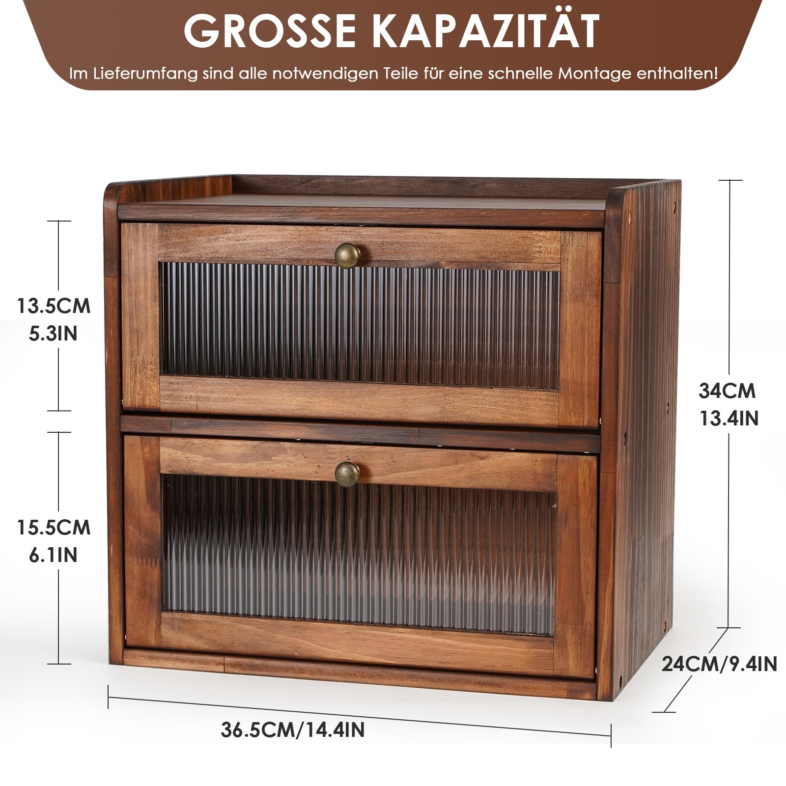 GUUSII HOME Brotkasten Groß Brotbox Küche Holz Gross Brotaufbewahrung 2 Etagen Brotkästen XL 36x24x34cm Beste Aufbewahrung für Brot mit Magnetisch Acryltür Bread Bin (braun)