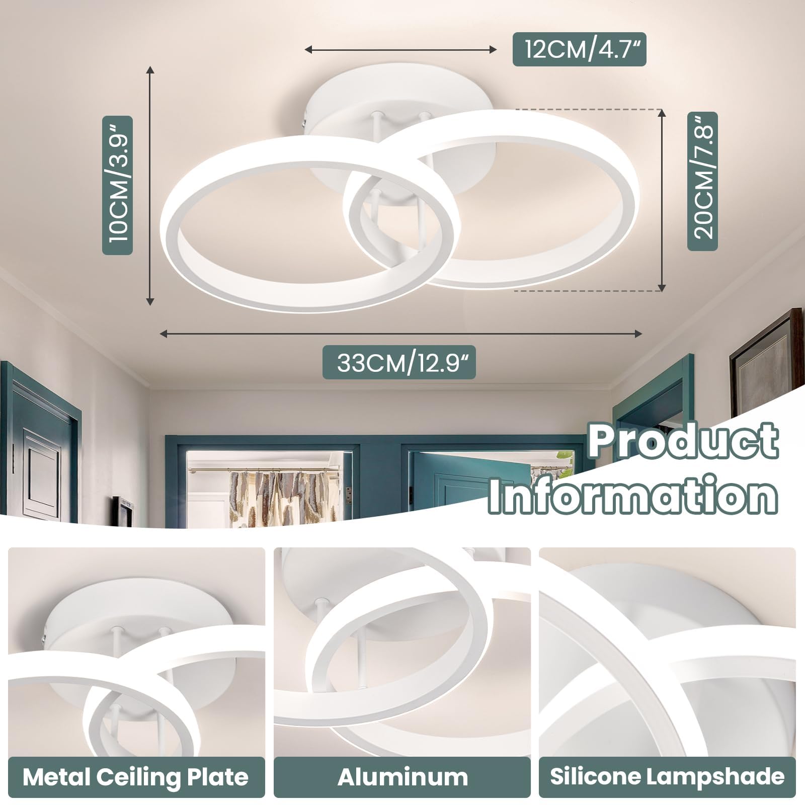 EIDISUNY LED Ceiling Light Modern Ceiling Lamp 33cm Wihte 2 Rings Ceiling Lights Fixture LED for Corridor Kitchen Stairs Hallway Study Room Bedroom Living Room - Image 2
