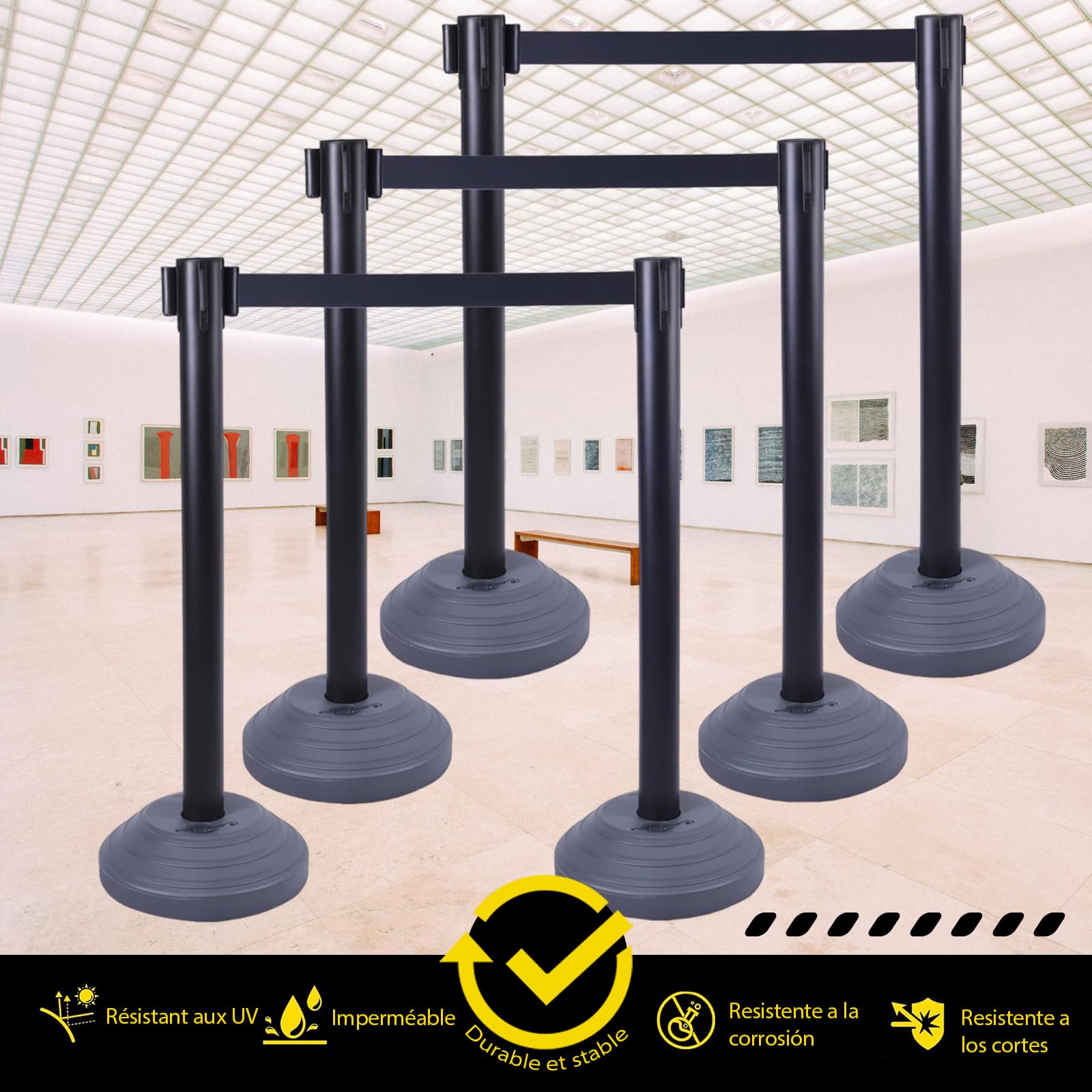 Lot de 6 poteaux de délimitation, en acier inoxydable, avec sangles rétractables de 200 cm, socle à remplir, gestion des files d'attente, utilisés dans les hôtels et les salles d'exposition (noir/noir