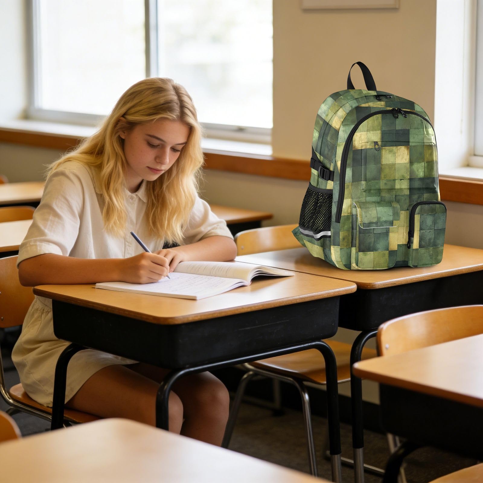 KLL Mochilas de viaje para mujer, diseño de cuadros verdes musgo