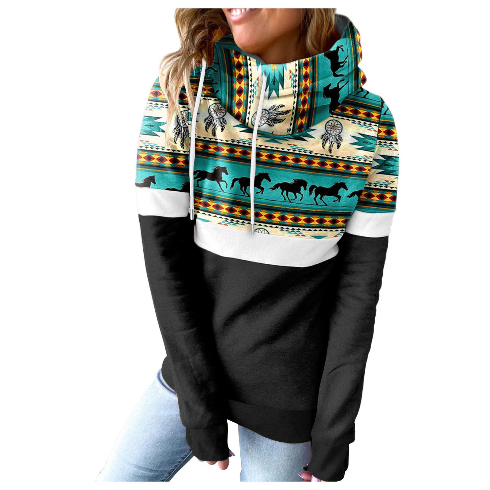 Women's Cute Shirt Color Matching Pullover Hoodies Sweatshirts Tribal  Printed Long Sleeve Fashion Teen Clothes