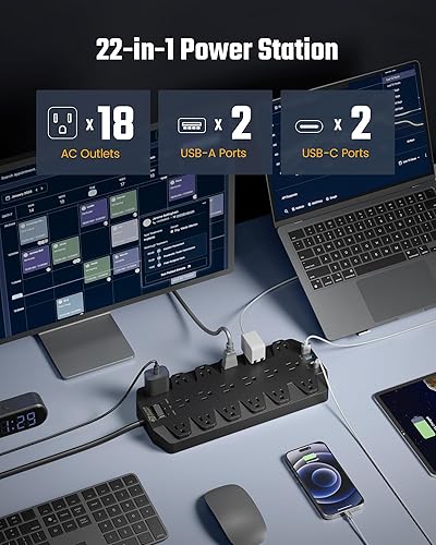 Miniatura 9 de SUPERDANNY - Protector de sobretensión, 18 salidas con 2 puertos USB C + 2 puertos USB A, 1875 W15 A, 2100 J, cable de extensión de enchufe plano
