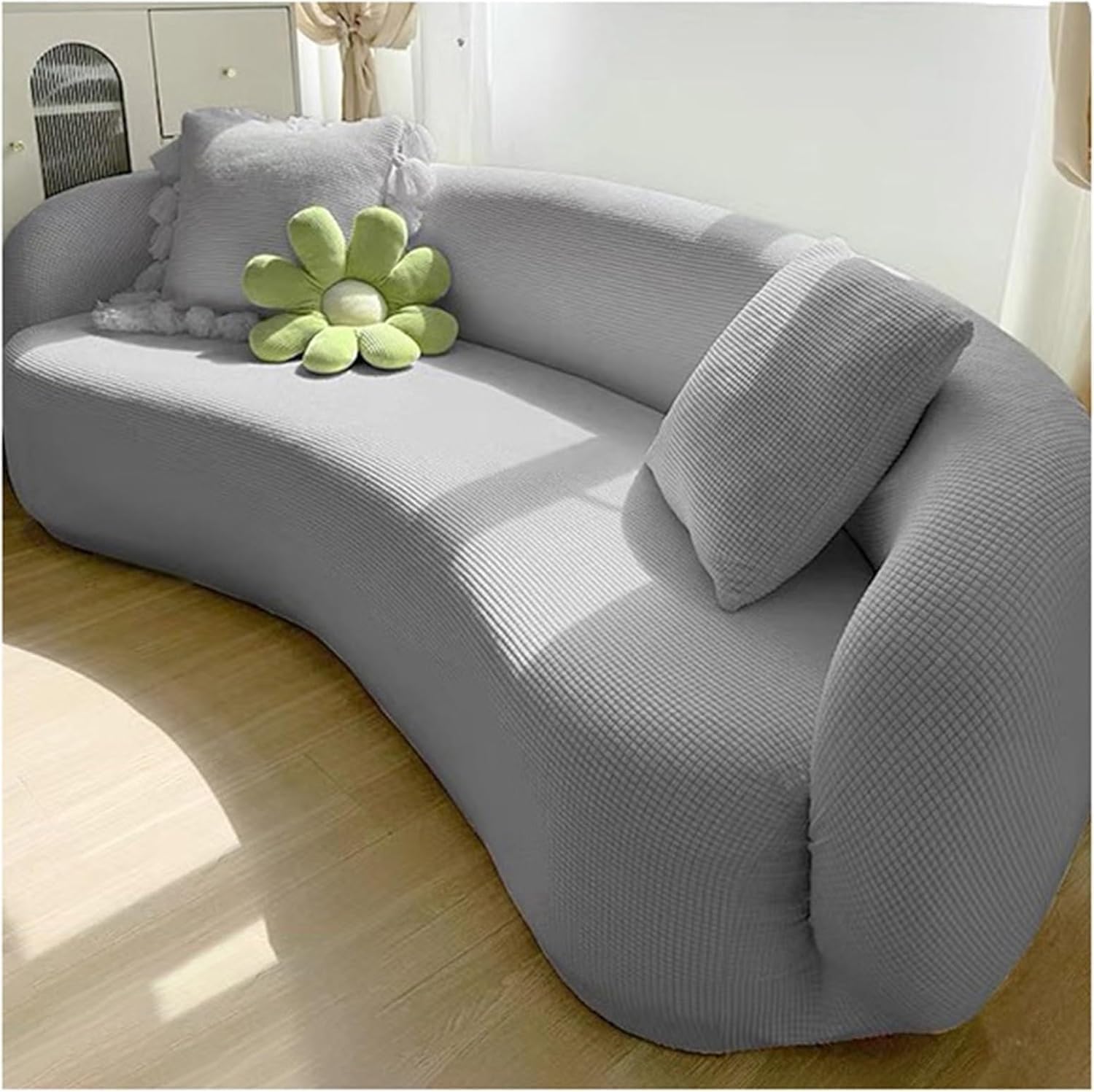 Qvqv B Stretch Semi Circle Curved Couch Slipcover, Shaped Semi-Circular Curved Sofa Cover For Living Room, Modernjacquard Curved Sofa Slipcover(,4 Seat [ 92-118 In])