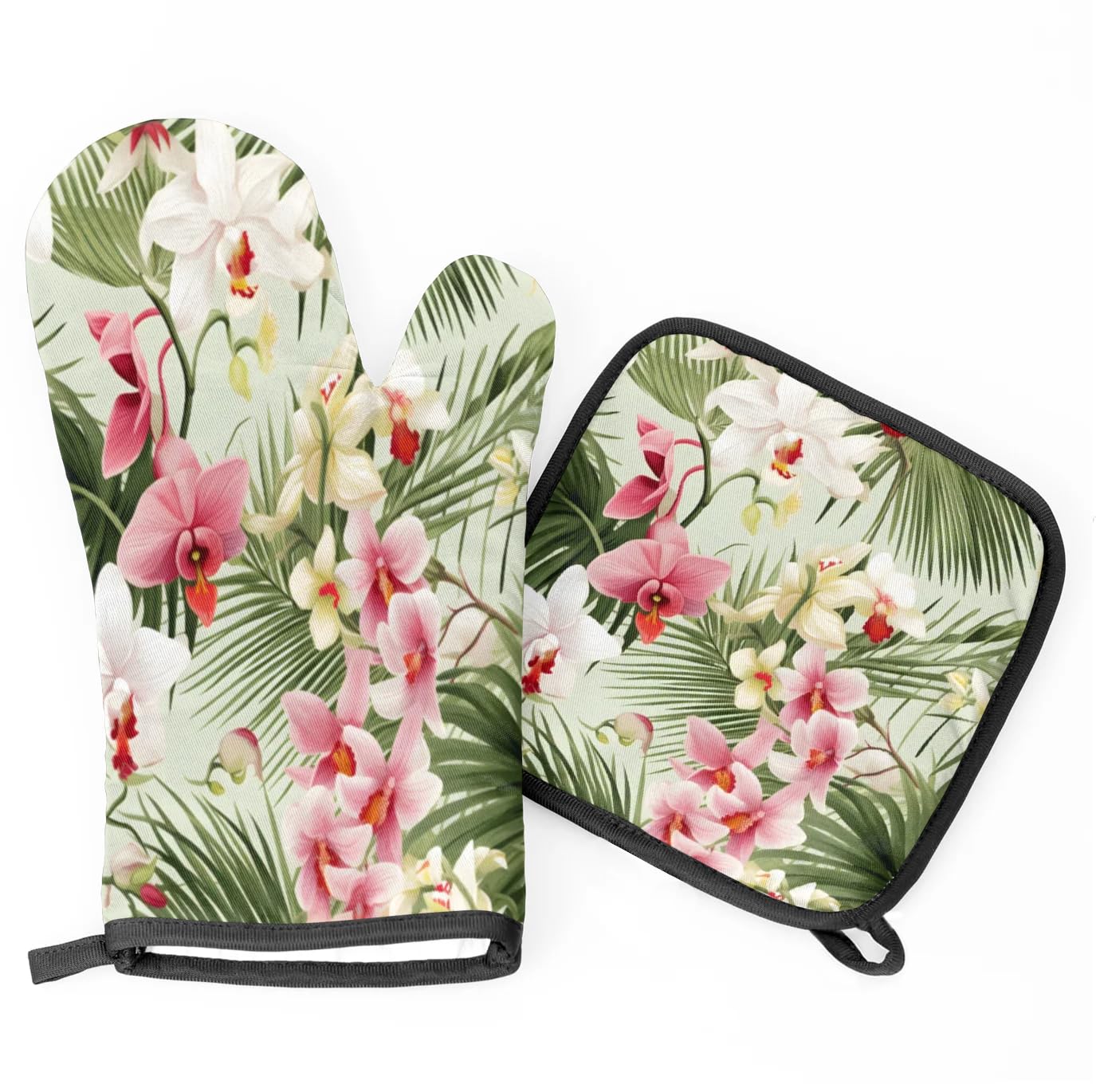Tropical Leaf Flower Oven Mitts Kitchen Oven Gloves for Cooking Baking Heat Proof Lining Cotton Kitchen Potholder Mittens Pot Holders Hot Pads for Chef Women Men