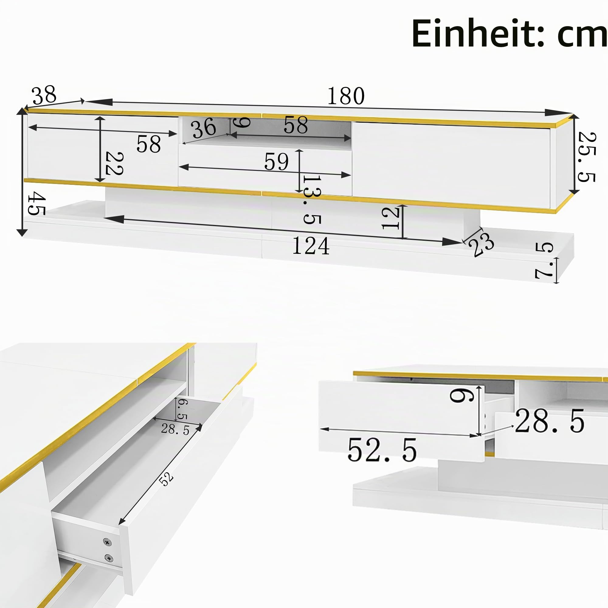 TV Schrank Länge 180 cm für Fernseher bis zu 75 Zoll, Lowboard mit Farbwechselnden LED Leuchten und 3 Schubladen, Fernsehschrank mit 1 Offenen Fach, Wohnzimmer Möbel TV Board, Weiß
