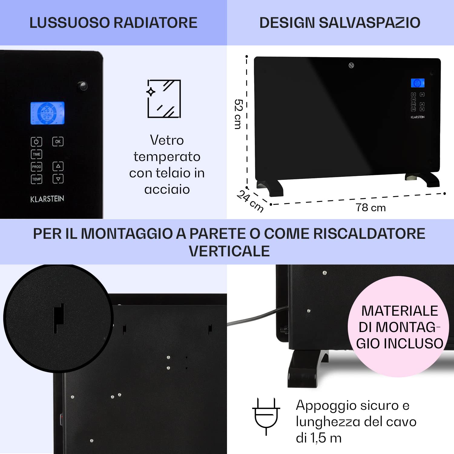 Klarstein Stufa Elettrica Basso Consumo, Stufa Elettrica 2000W, Termoconvettore con Rotelle, Termosifone Elettrico Portatile, Termoconvettore a Parete con Termostato, Stufetta per Casa
