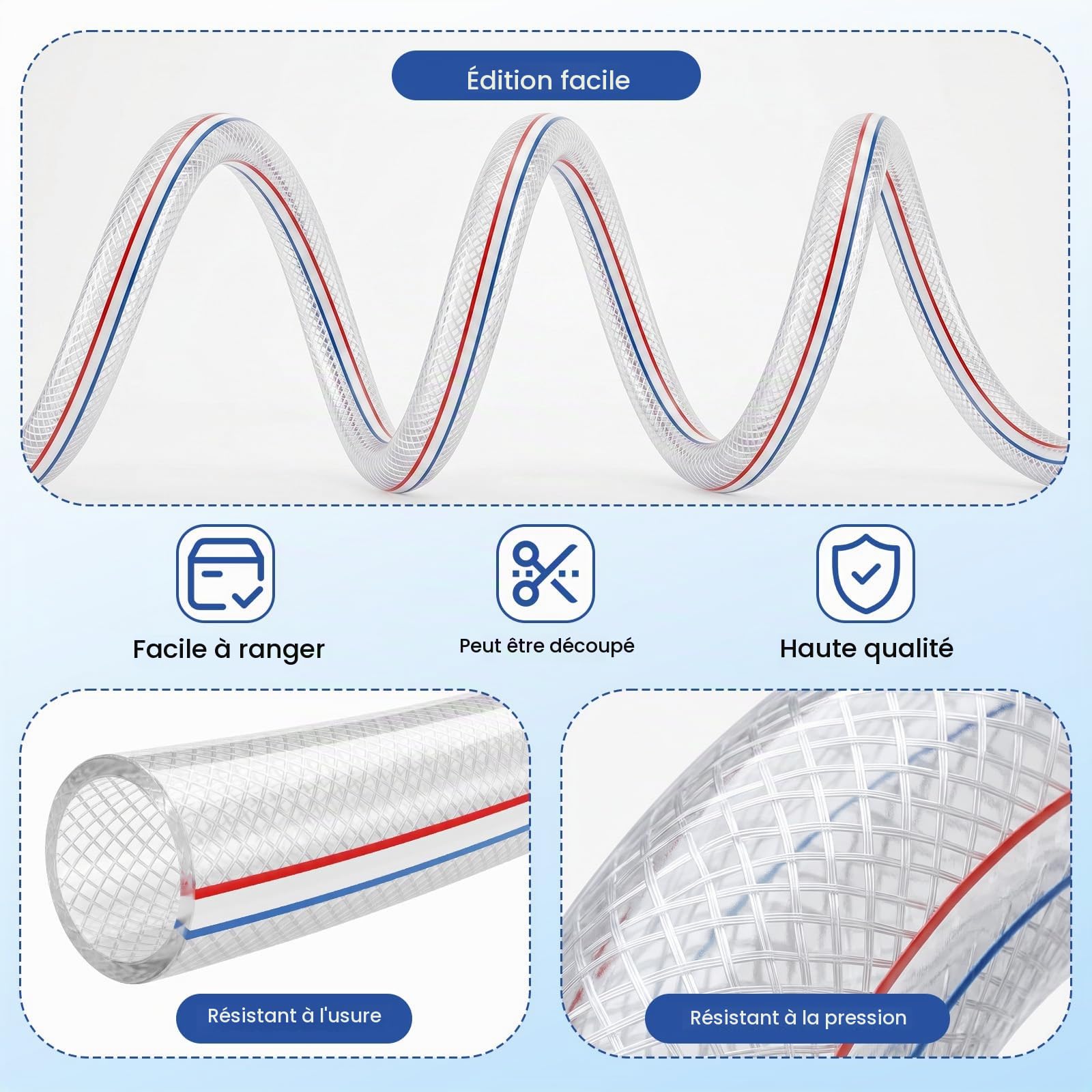 Tuyau en PVC Transparent avec Collier Métallique, 5m Ø25mm Tuyau D'Aspiration Indéformable avec Tissu pour Transport d'Eau, Tuyau Aspiration Pompe Flexible Pour l'Arrosage