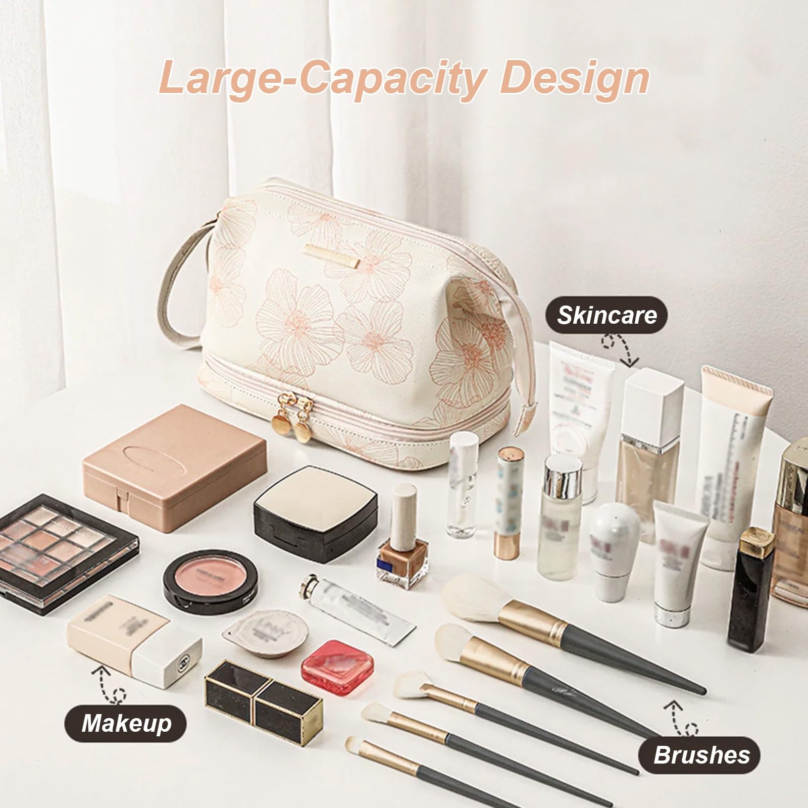 Portatile Borsa Trucco, Beauty Bag, Pratico Organizer per Pennelli da Trucco e Accessori Estetici da Donna, con Motivo Floreale Botanico e Comoda Maniglia per Il Trasporto(Black)