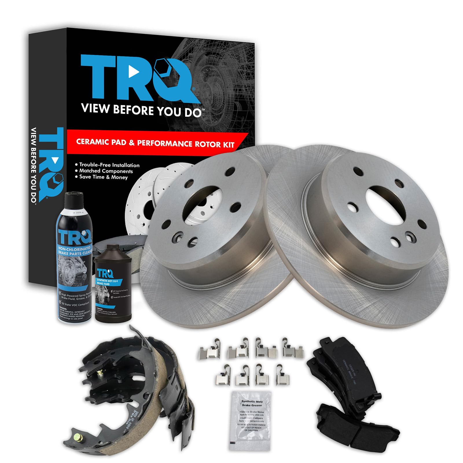 TRQ Rear Brake Pad &amp; Rotor Kit, with Chemical Kit Parking Brake Shoe Set Ceramic Compatible with 1999-2003 Lexus RX300