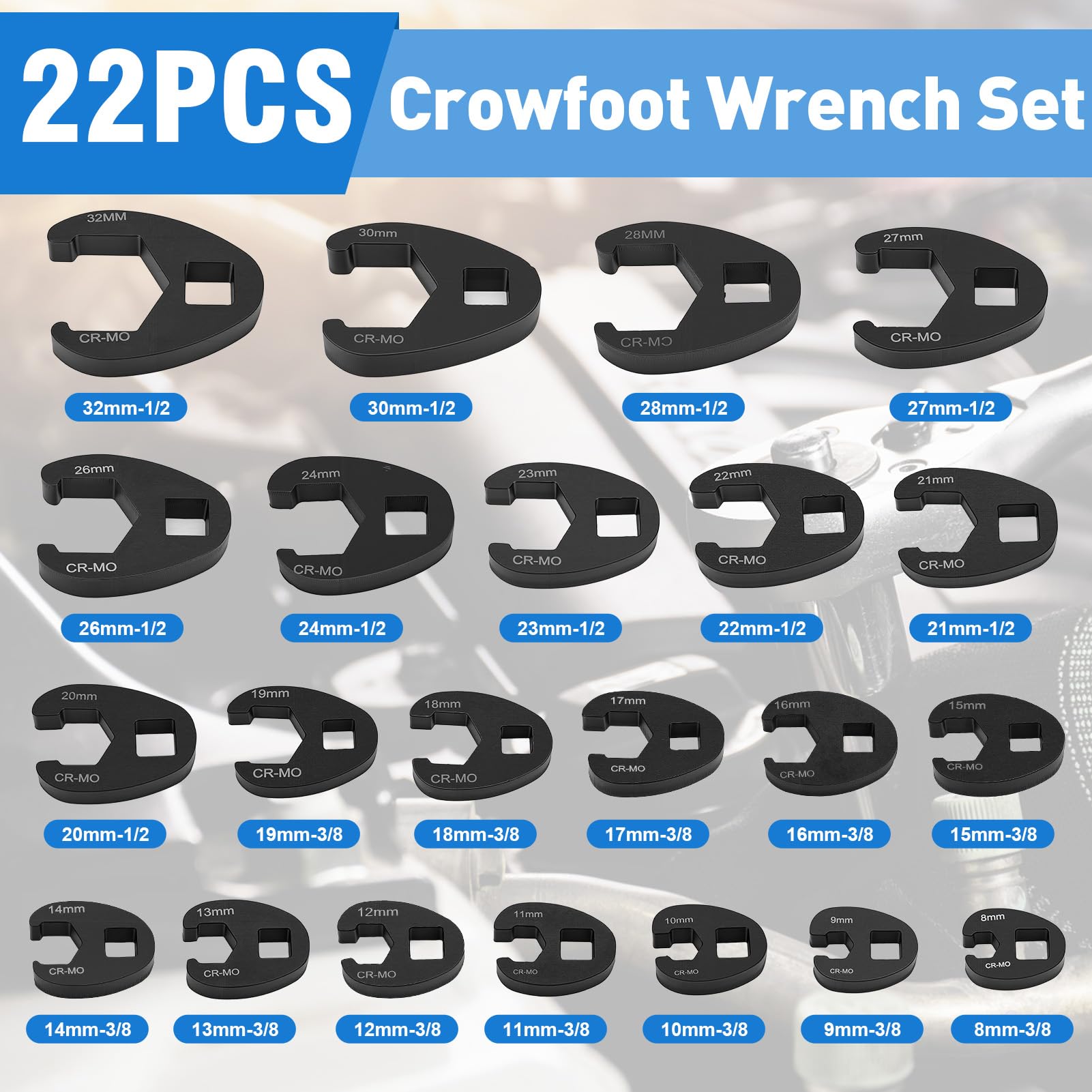 Crowfoot Ensemble de Clés, 22 Pièces Ensemble de Clé à Fourche à Emmancher 1/2" 3/8", Entraînement Extérieur Carré Clé, 8-32mm Drive Métrique Coffret de Douilles à Tuyauter, Clé à Écrou Évasé