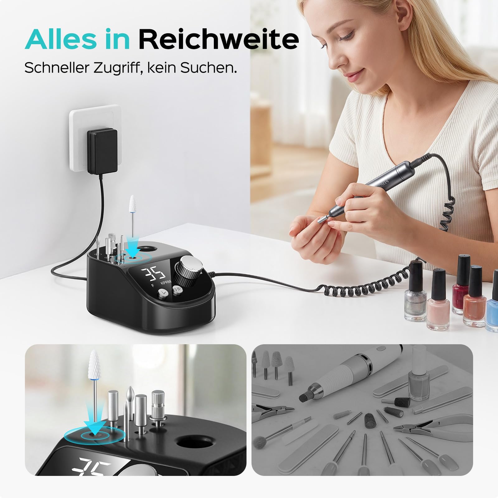 COSLUS E50 Nagelfräser Professionell Set 35000 U/min: Nagelfräser für Gelnägel Elektrische Nagelfeile Maniküre Pediküre Set mit LCD-Anzeige，6 Bits & 31 Schleifbändern für Salon und Zuhause