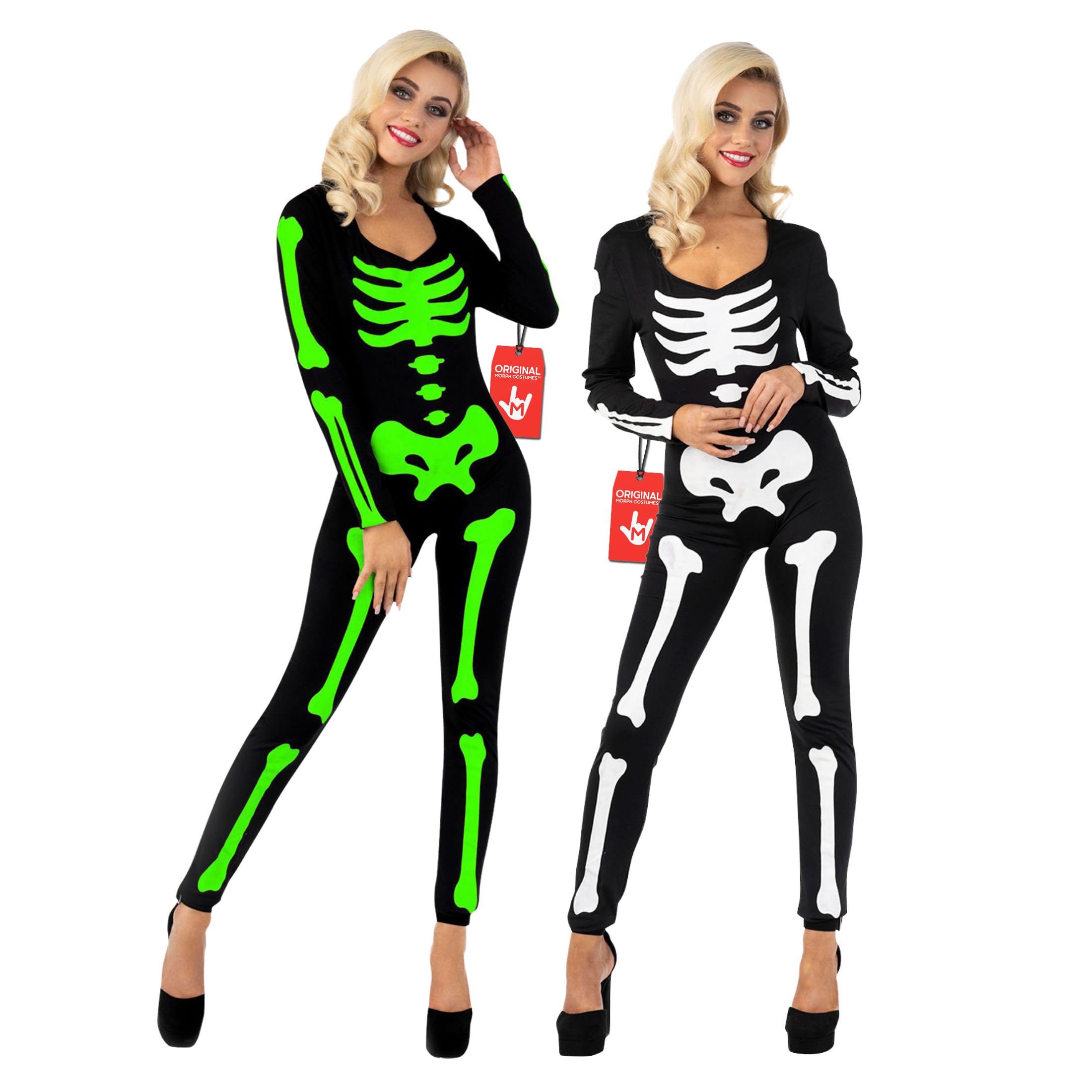 Morph Skelett Kostüm Damen, Gruseliges Halloween Kostüm Damen | Body mit leuchtendem Skelettdruck, Im Dunkeln leuchtend, Rückenreißverschluss, Perfekt für Halloween, Ideal zum Verkleiden