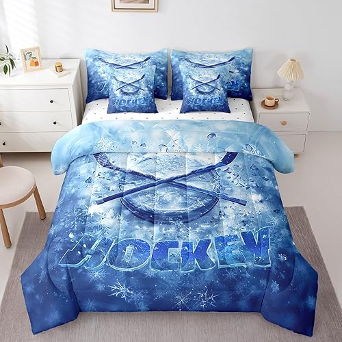 Erosebridal Ice Hockey Bed Set Queen Sports Games Bed in A Bag 7 Piece for Kids 