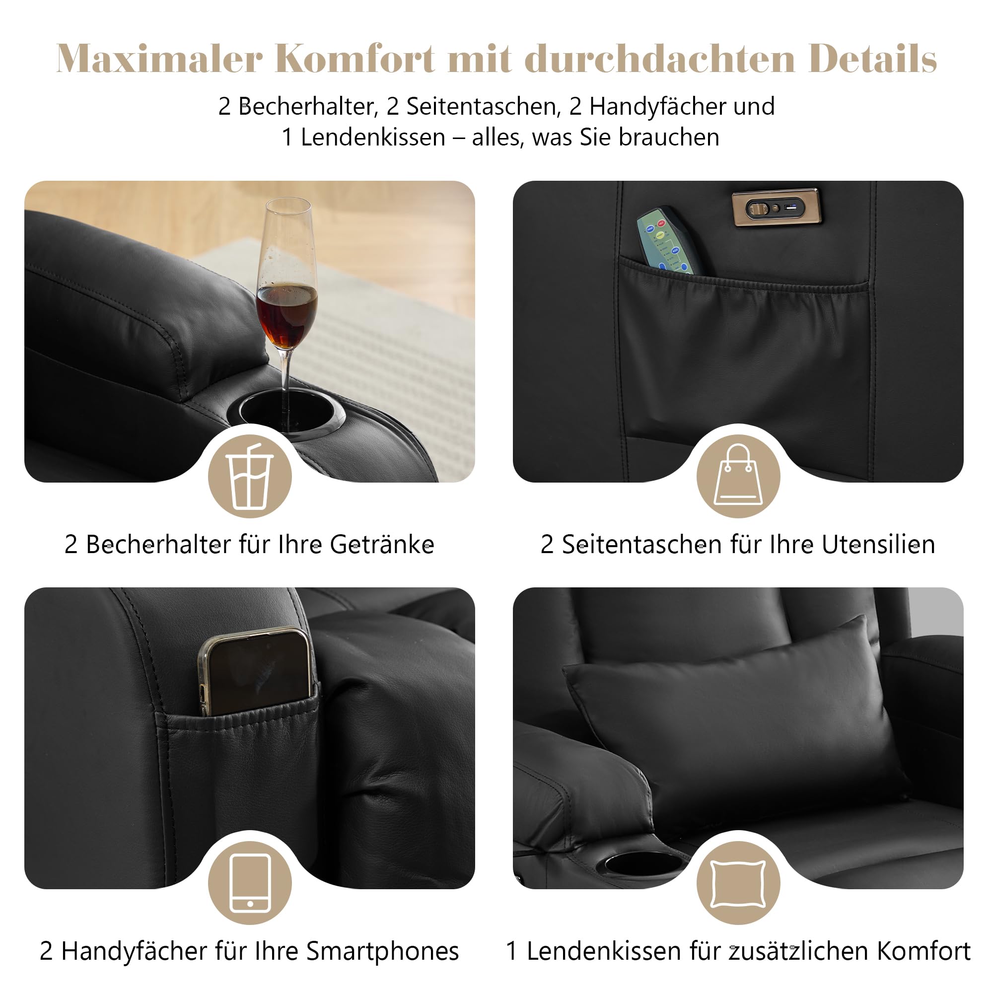 SAMERY Fernsehsessel Elektrisch Verstellbar Relaxsessel mit Liegefunktion,Massagesessel Vibration Heizung,Kunstleder TV Sessel Wohnzimmer Liegesessel Kinosessel 614 mit USB/LED,bis 150 kg (1, Schwarz)