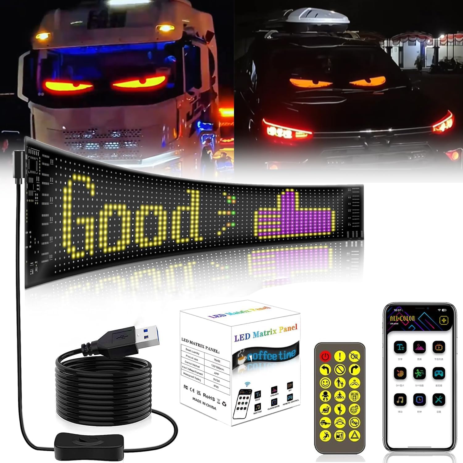 PLOTSAGE Colorful Eye Lamp Soft Screen for Car Windows, DIY Car Dynamic LED Smart Colorful Eye Lamp Soft Screen, Programmable Flexible Matrix Screen for Car,Black,92mm*374mm