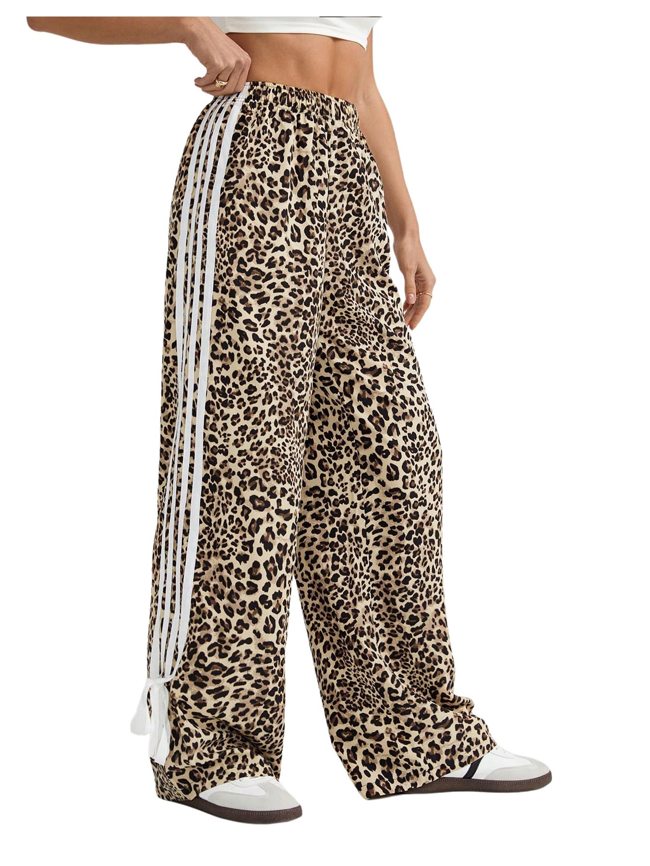GORGLITTER Womens Leopard Wide Leg Pants Y2K Cheetah Baggy High Waisted Sweatpants Bow Casual Trousers