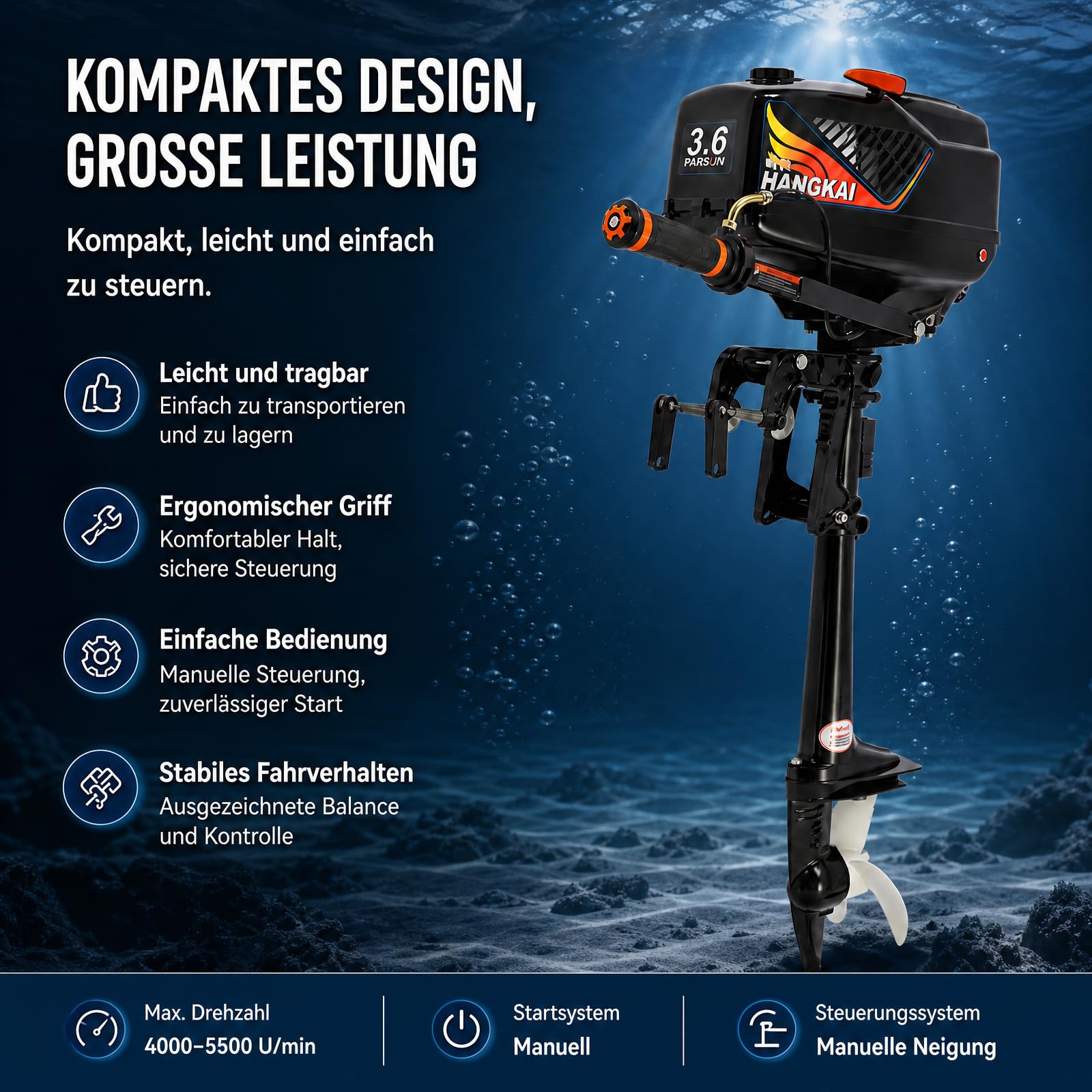 2-Takt Außenbordmotor Benzinmotor, 55ccm 3,6PS Außenborder Benzin Außenbordmotor, Schlauchboot Motor Kurzer Welle, CDI Zündung Halbluft- und Halbwassergekühlt für Schlauchboot Angelboot Fischerboot