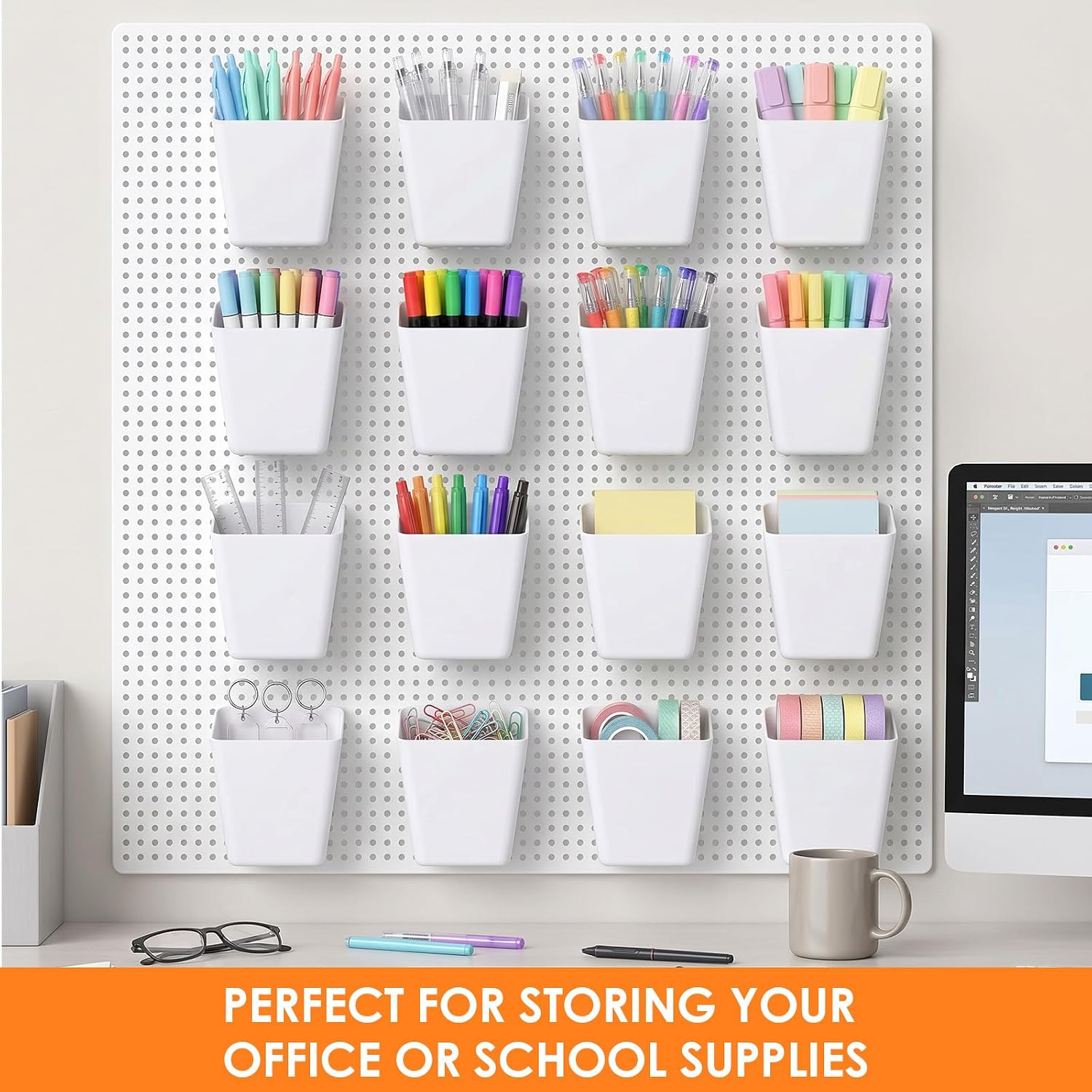 16 Sets Pegboard Cups with Hooks, Large Pegboard Wall Organizer Peg Board Containers Square Shape Bin Holder for Garage Workshop Office Workbench, 4.7x3.75x5 Inch