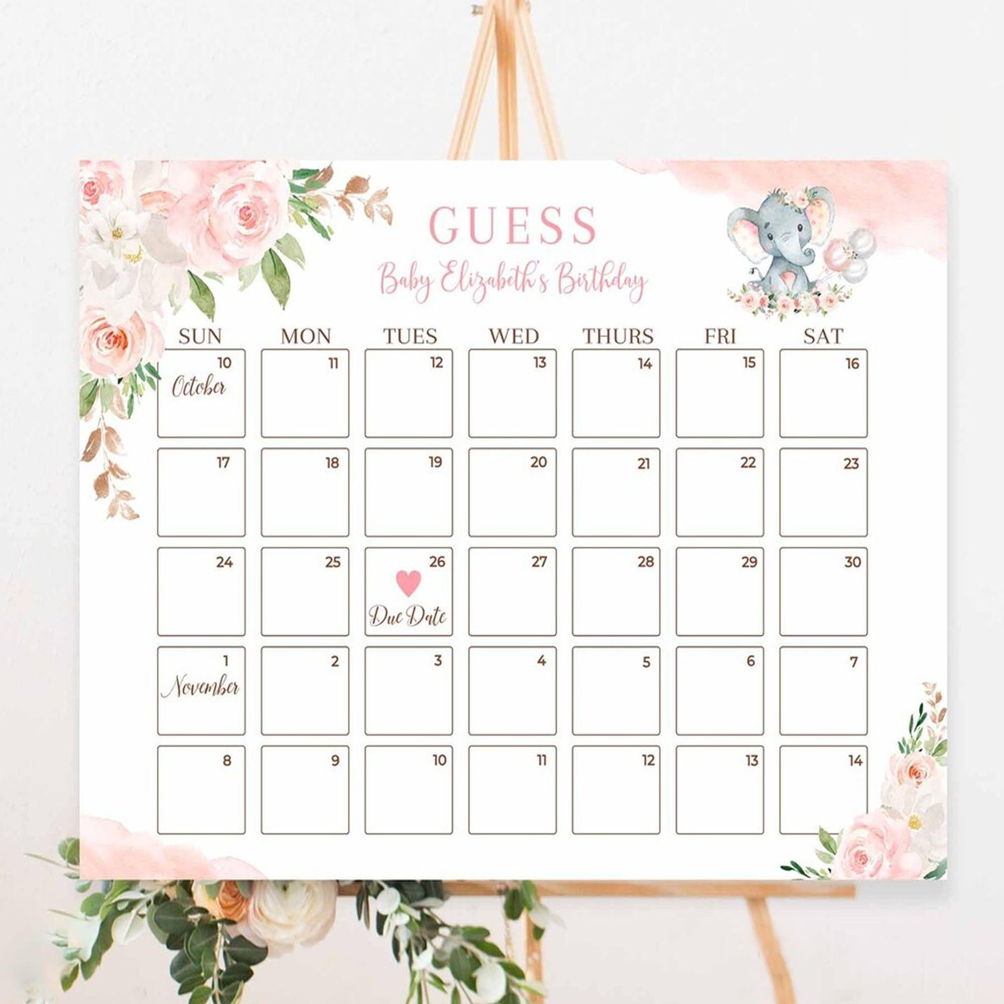Editable Blush Pink Little Peanut Elephant Baby Shower Sprinkle Due Date Calendar Guess Baby Birth Date Sign Template, Personalized Baby Due Date Calendar Game Sign, Baby Shower Game, Guess Baby's