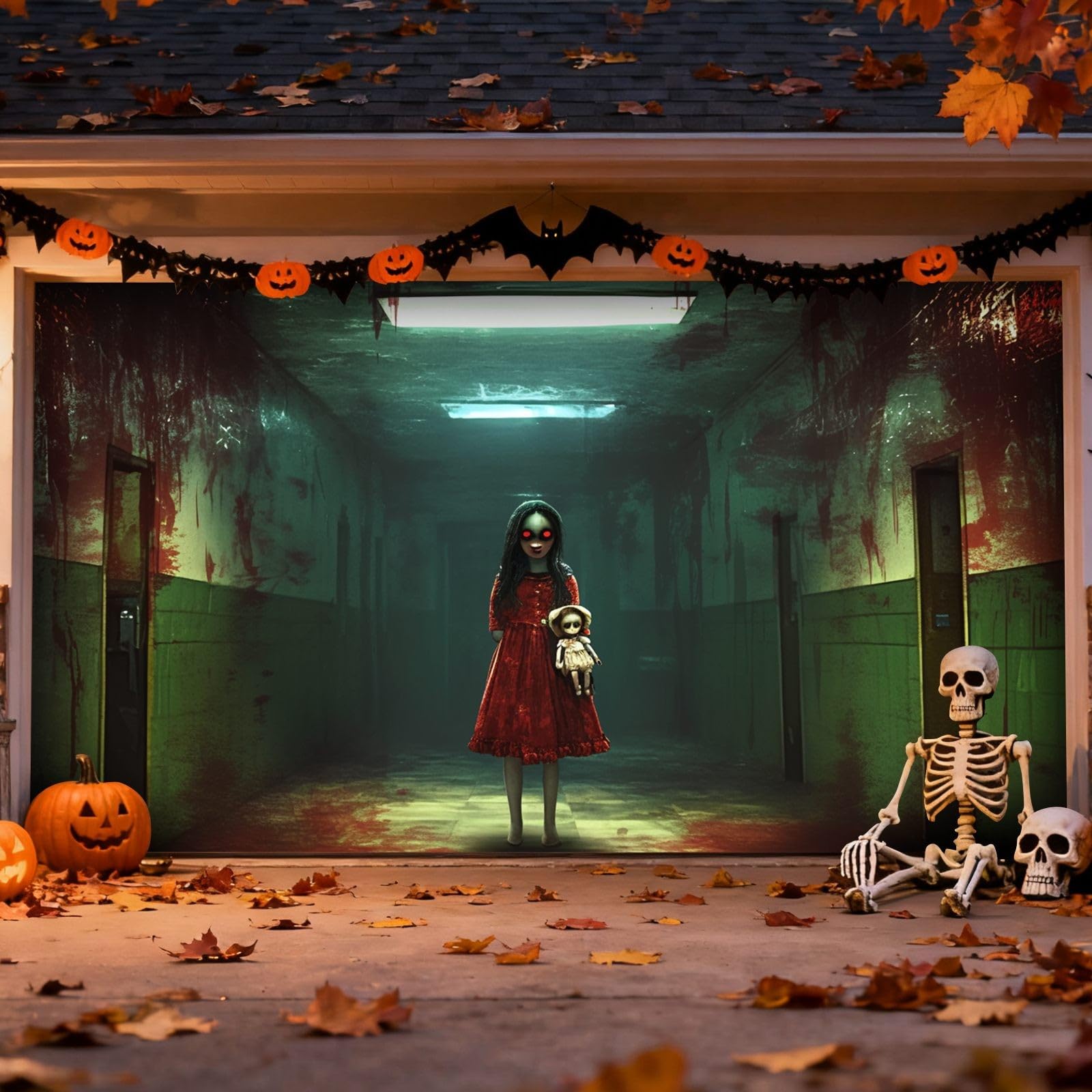 Cartel de buena suerte para Halloween, para puerta de garaje, grande, para exteriores, para fiestas festivas, aterradoras con murciélagos, calabazas y