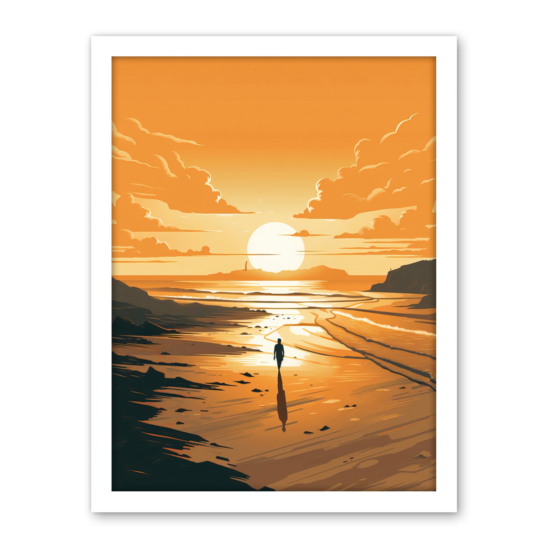 Artery8 Walk into the Sunset Sand Beach Coastal Landscape Artwork Framed Wall Art Print 18X24 Inch