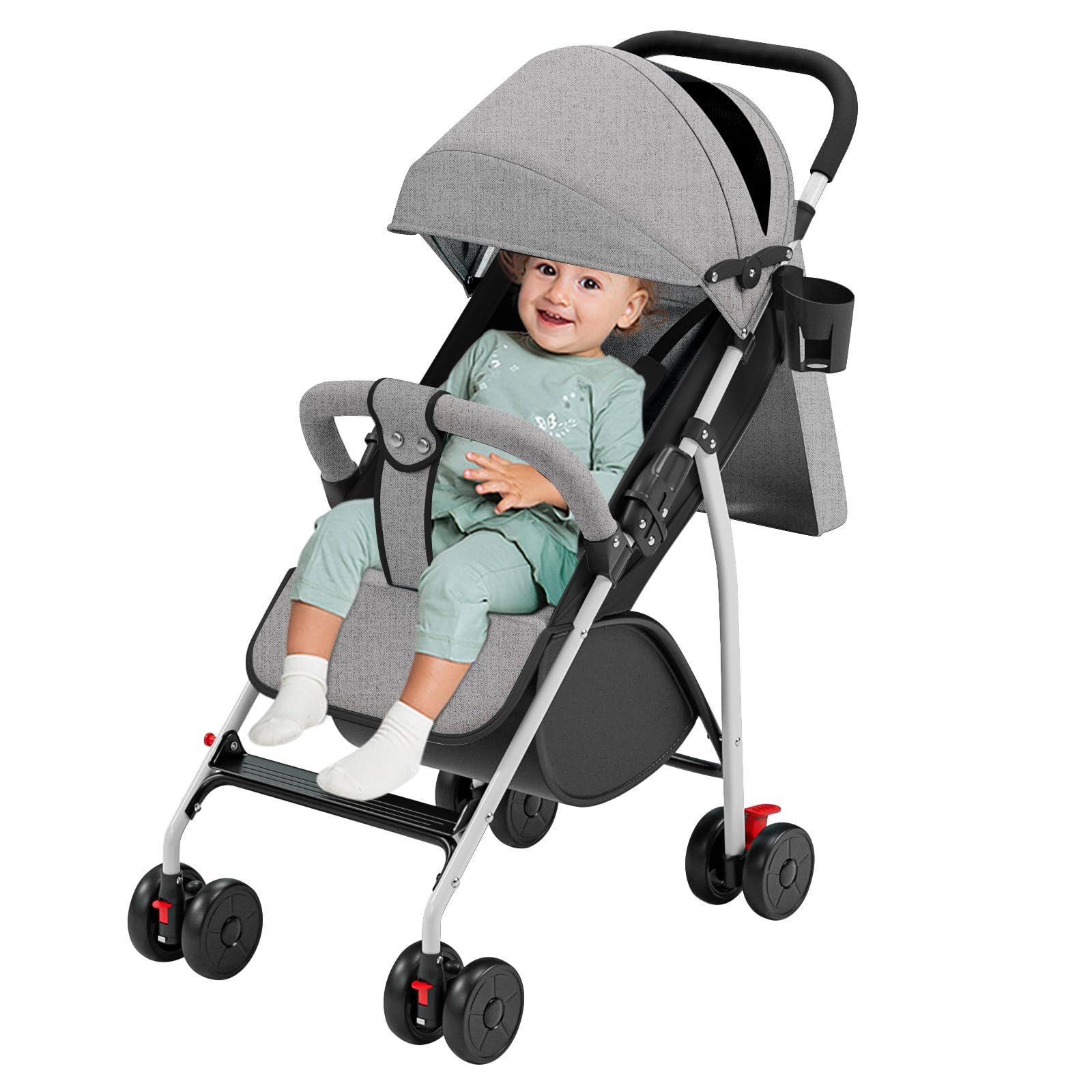 Mul-Butique cochecito plegable, 0 a 4 años (30 kg máximo), ligero (4,8 Kg), ajuste del respaldo hasta la posición acostada, espacio de almacenamiento en la parte inferior, con algodón, portavasos