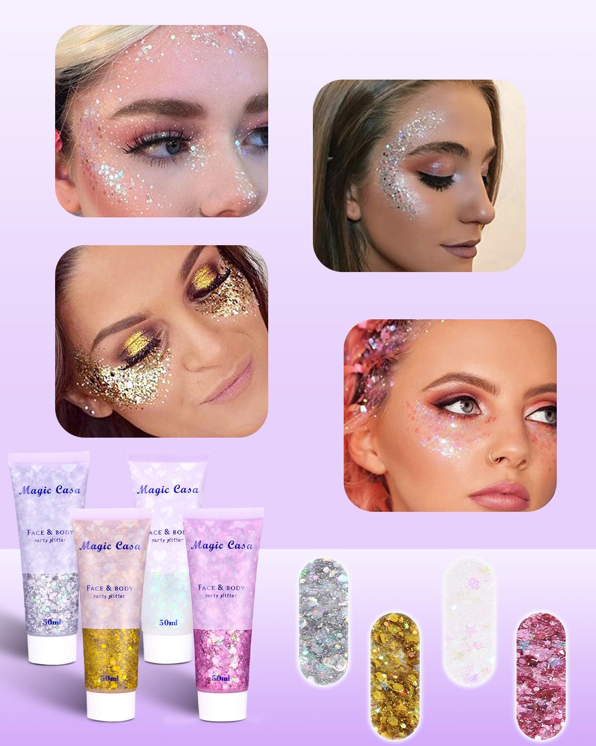 4 Pièce Paillette Maquillage Gel Paillettes Gel Paillettes Visage Glitter Body Gel Chunky Paillettes pour Cheveux, Corps, Visage, pour Festival Fête Noël Pâques Maquillage Décoration (50ml)
