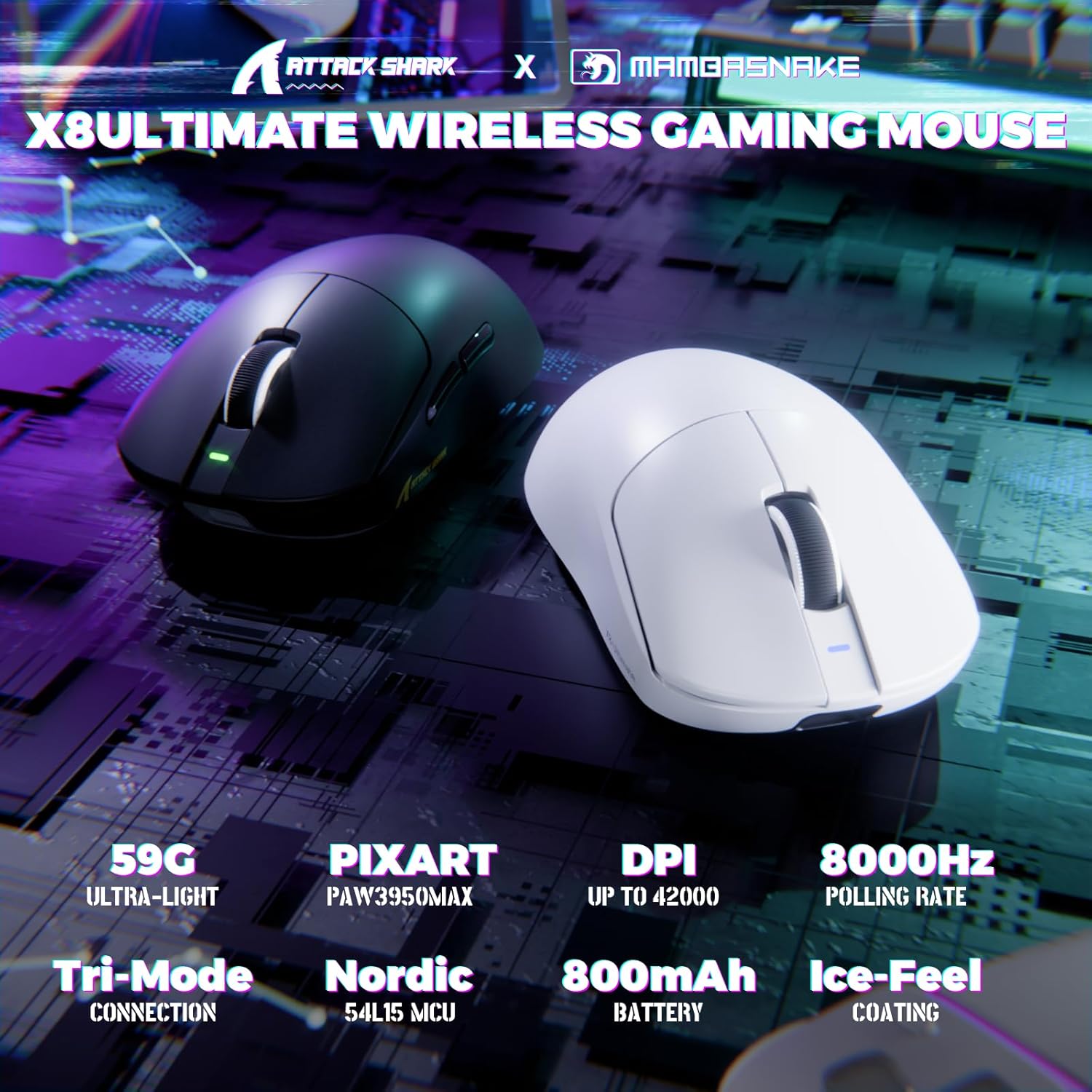 ATTACK SHARK X8 Ultimate Wireless Gaming Mouse,55g Ultra-Lightweight BT/2.4GHz Wireless/Wired Mouse,8K Polling Rate,PixArt PAW3950MAX Sensor,42000 DPI,800mAh Battery,Gamer Mice for PC/Win/Mac(White)