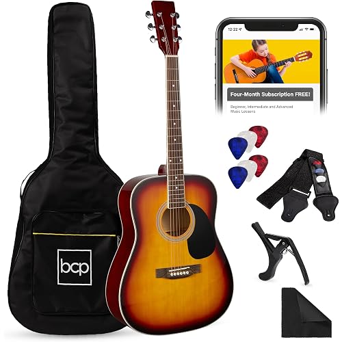 Best Choice Products 41in Full Size Beginner All Wood Acoustic Guitar Starter Set w/Gig Bag, Strap, Capo, Strings, Picks - Sunburst