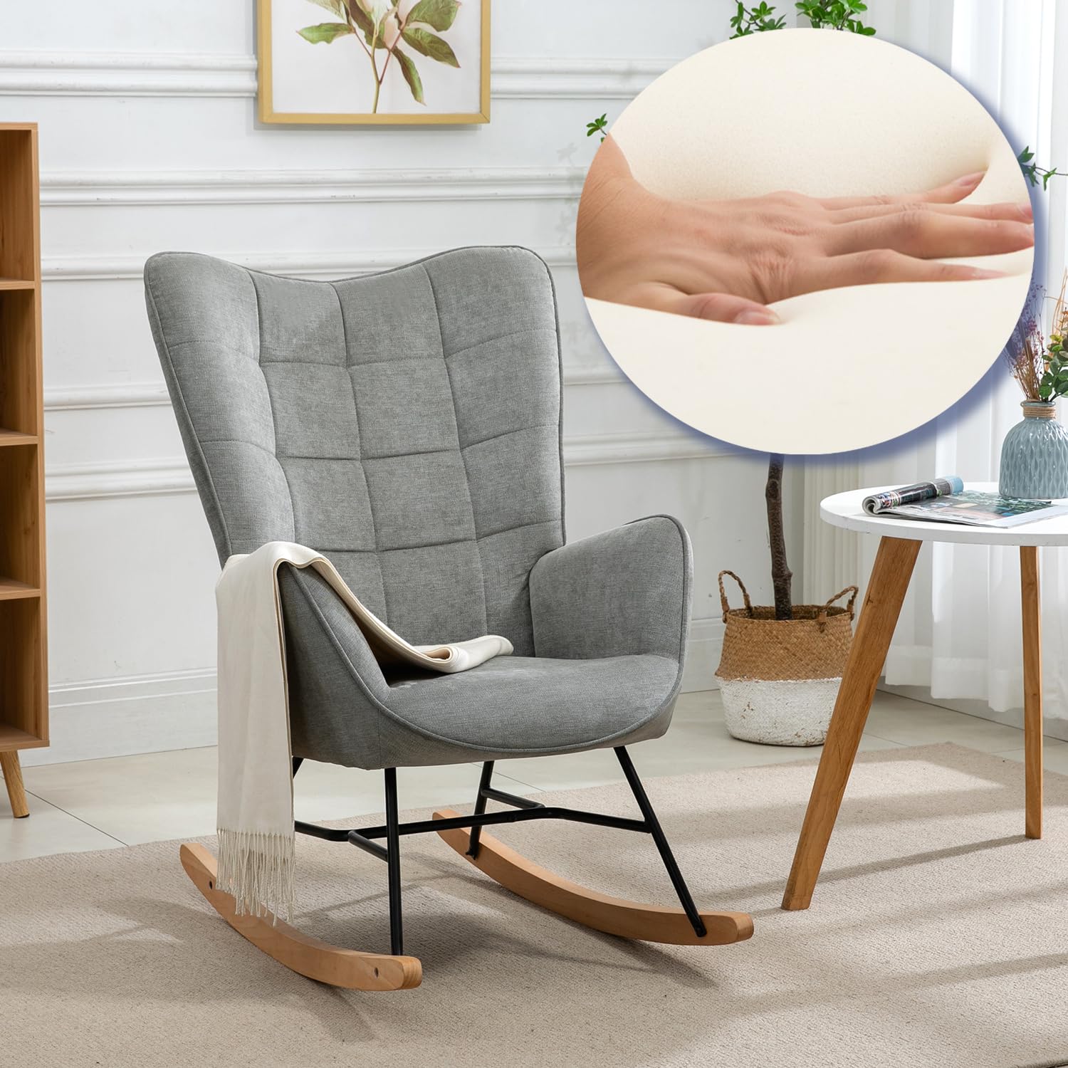 Fauteuil d'allaitement Grey avec Dossier Moelleux Tissu Style Scandinave Surpiqûres Fauteuil à Bascule pour Chambre de Bébé