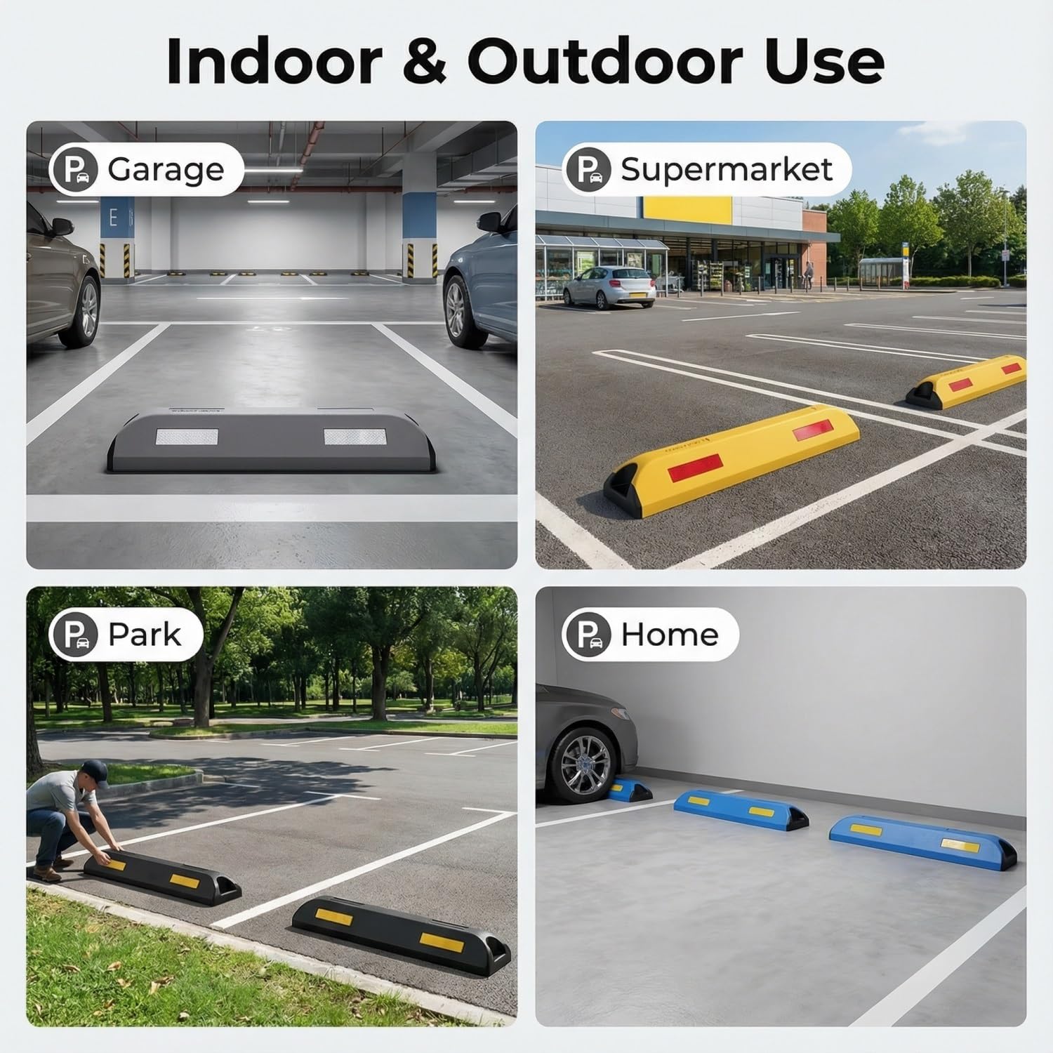 Topes de aparcamiento para coche, de goma resistente, con tiras reflectantes y pernos de fijación, ideal para garajes, escuelas, hospitales y aparcamientos