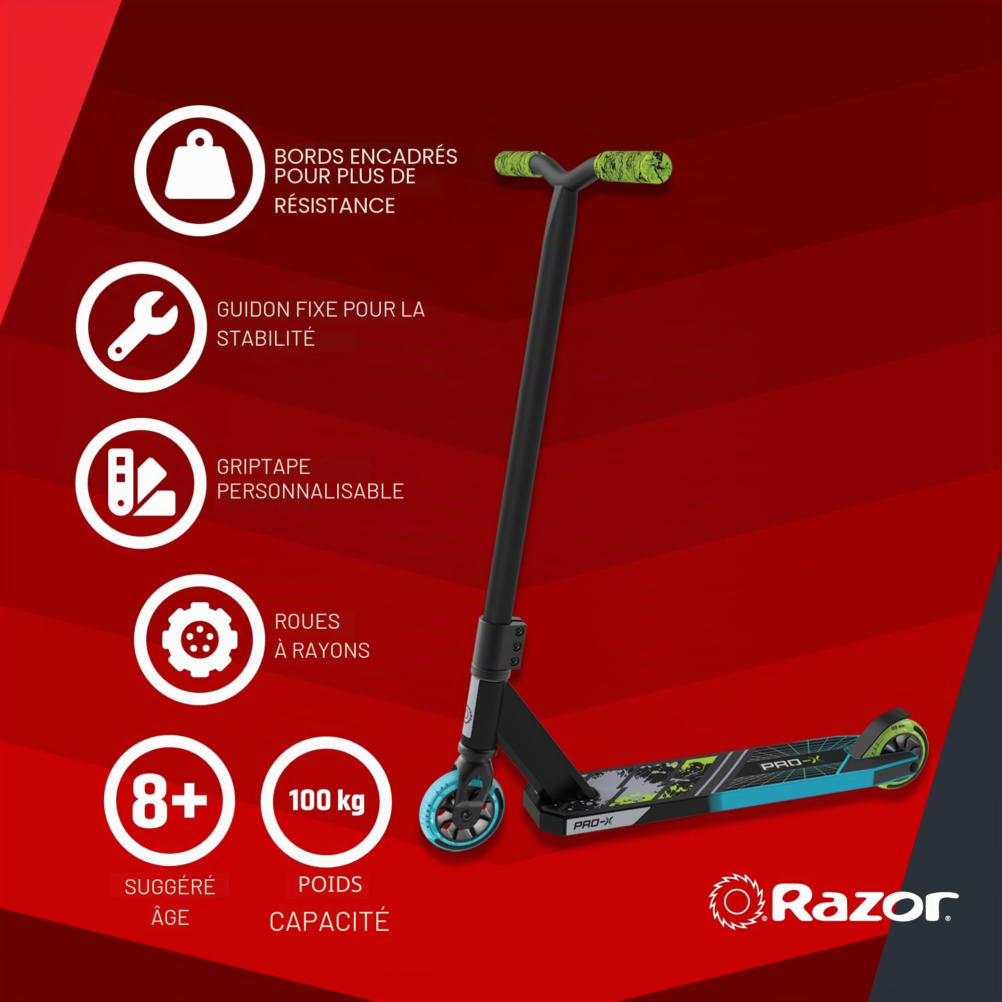 Trottinette Razor Pro X Stunt - Guidon Fixe, Roues de Performance de 100 mm, Plateau en Aluminium avec Bords en Caisson, Bande antidérapante Personnalisable