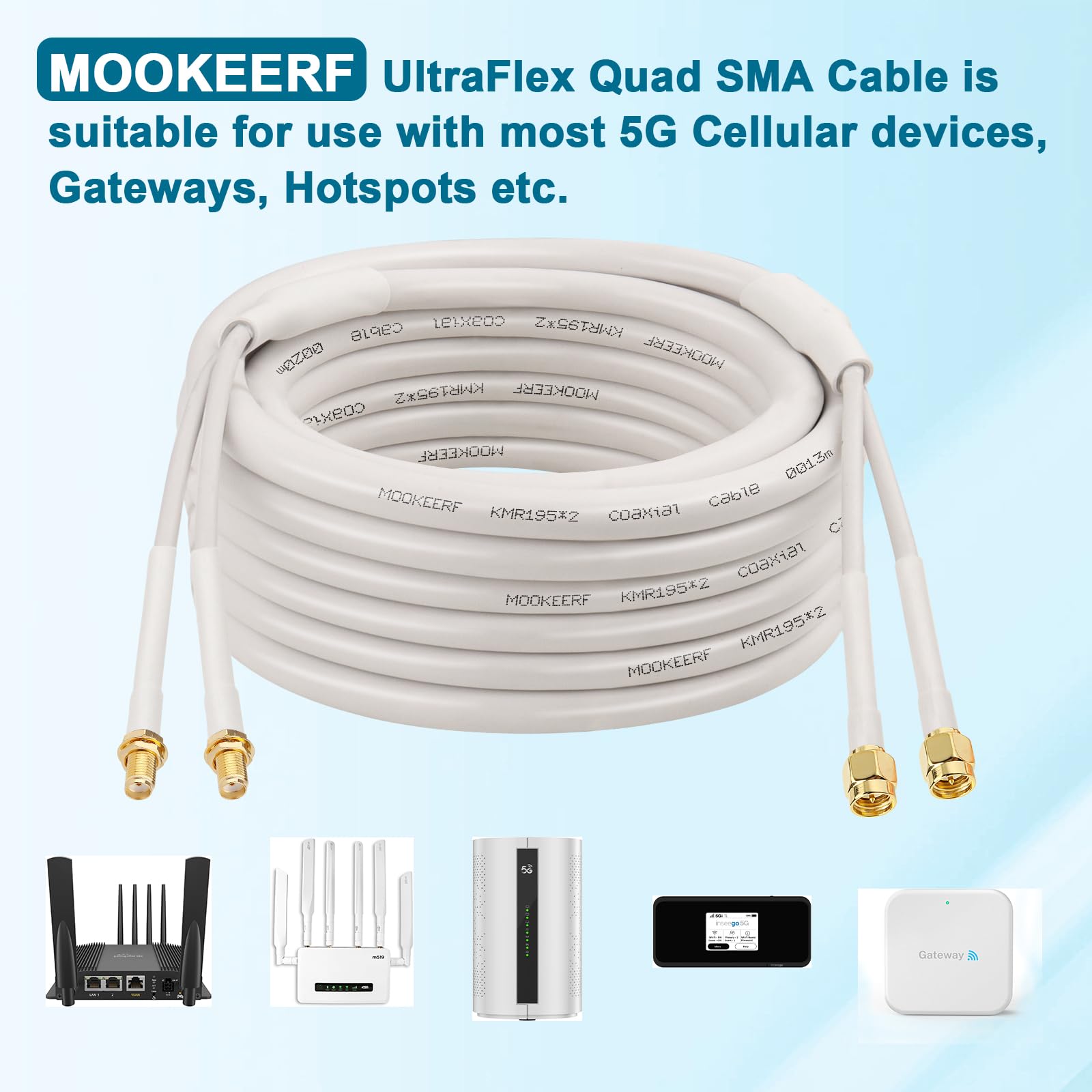 MOOKEERF Cavo di prolunga SMA – Cavo coassiale SMA maschio a SMA femmina, cavo coassiale a bassa perdita Twin-KMR195, cavo di prolunga per antenna con connettore SMA per router cellulari 5G, gateway,