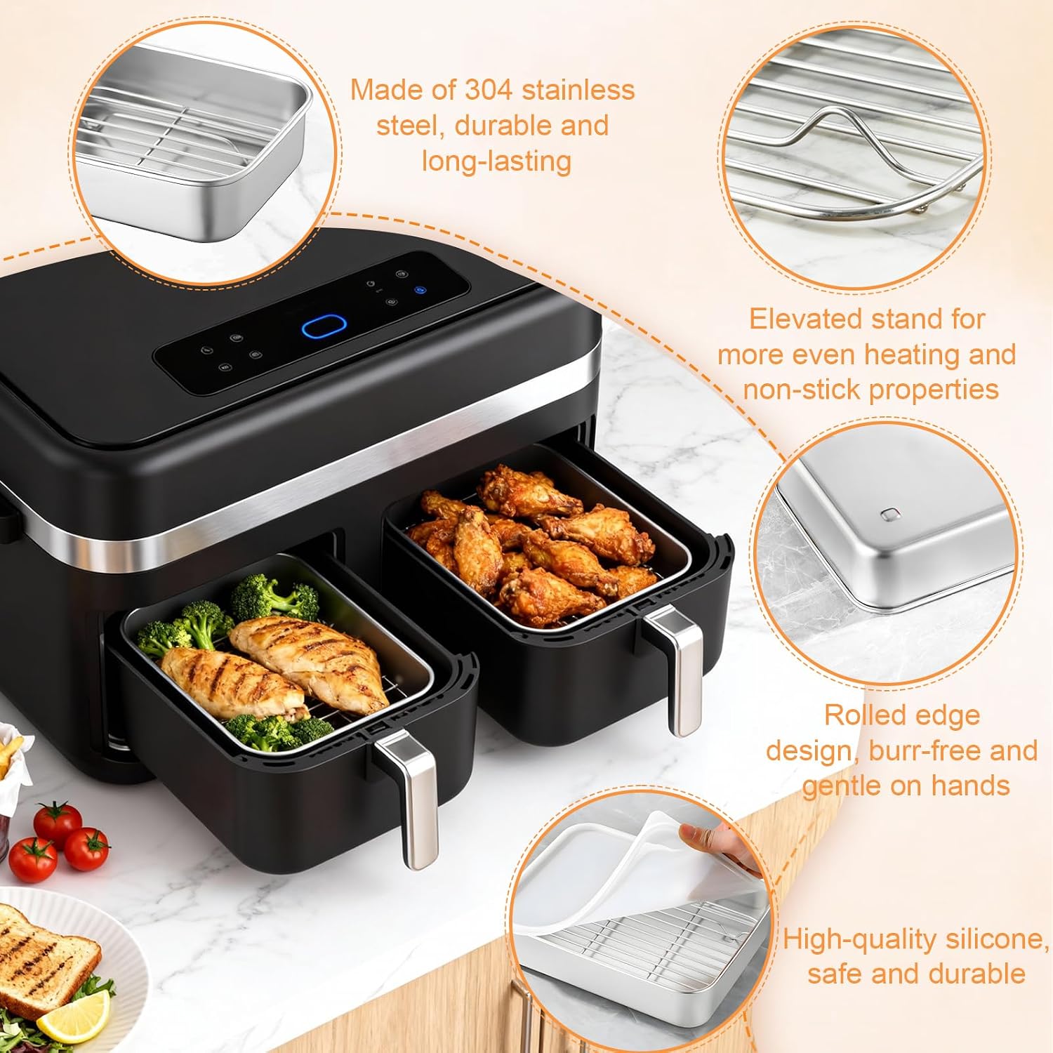 Airfryer Casserole Dish Made of 304 Stainless Steel, 7 Airfryer Accessories, Tray, Lid, Cooking Grate, Silicone Brush, Silicone Spatula, Bowl Clips, Compatible with Models AF500EU, AF400EU, SL400EU image 4