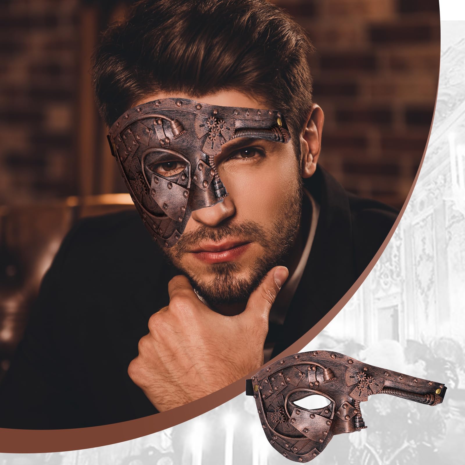 Cupimatch Masquerade Masks for Men: Halloween Lattice Steampunk Metal Robot Mask Masquerade Venetian Vintage Masks (bronze) - Image 4