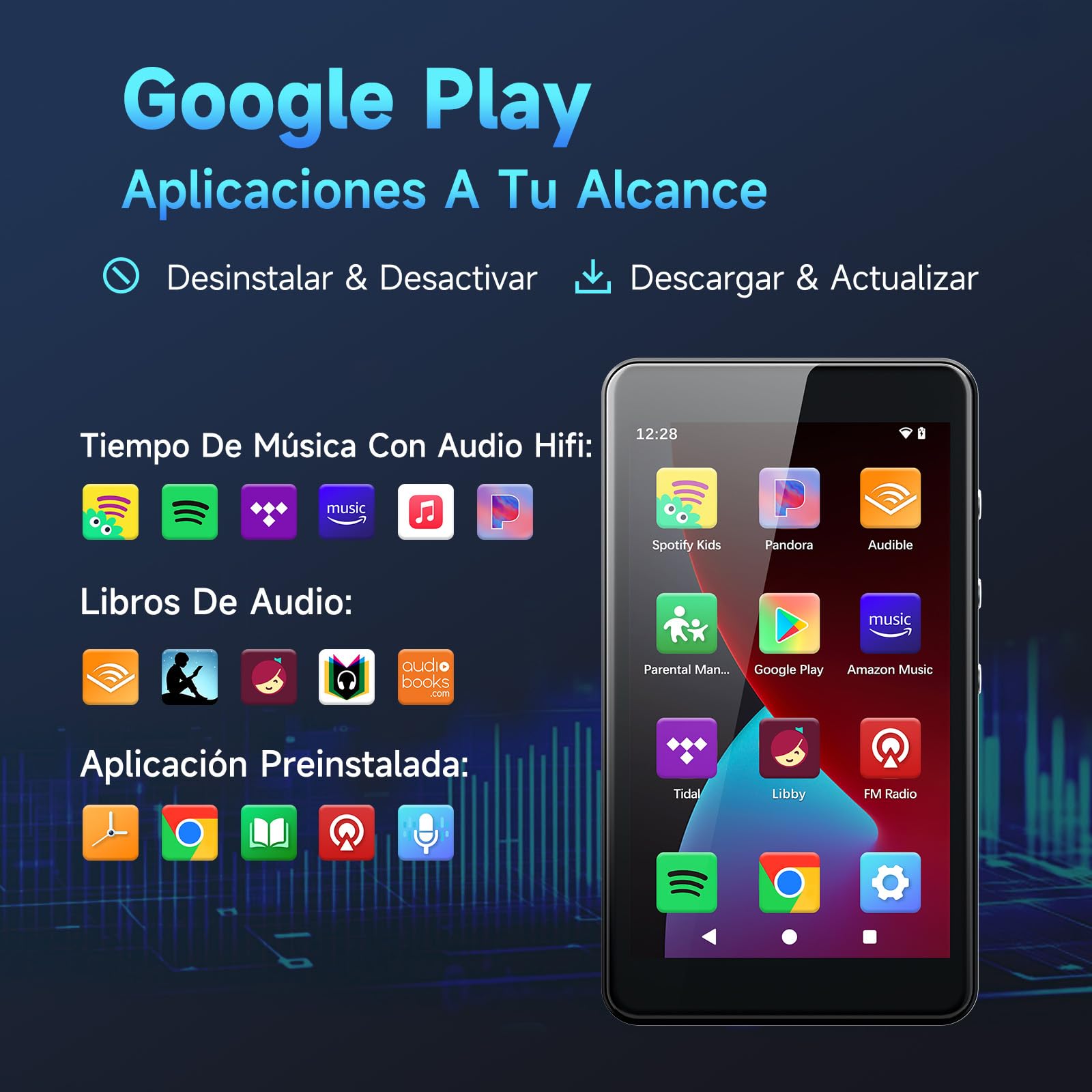 Reproductor MP3 Android 14 con Spotify, Play Store, Amazon Music, Audible, Libby, Reproductor de música MP4 con Pantalla táctil de 4" para niños con Control Parental, Modo Eye-Care (Negro Espacial)