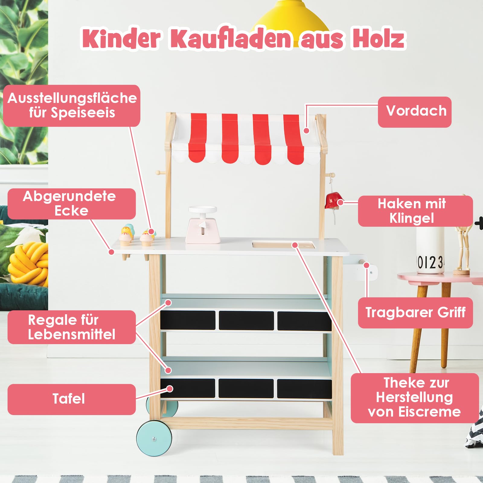 DREAMADE Kinder Eiswagen mit 6 Spielzeug-Eiscreme, Kaufladen aus Holz mit 2 Rädern und Markise, Einkaufsladen für Kinder ab 3 Jahren (Rot)