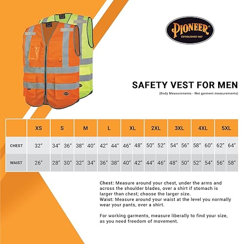 Miniatura 6 de Pioneer V1024860U-M - Chaleco de seguridad para hombre, malla reflectante Hi Vis neón, 9 bolsillos, cremallera, construcción, tráfico, trabajo de