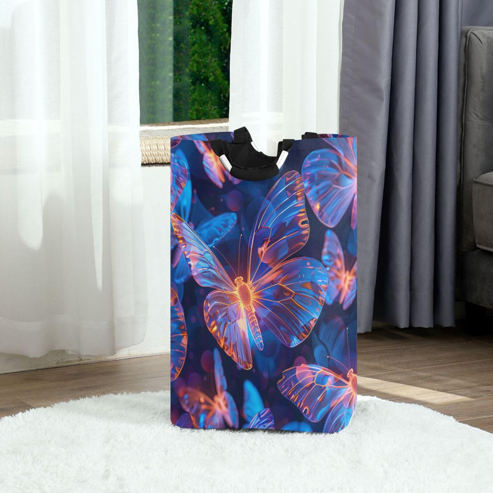 Jihqo Laundry Hamper Basket Glowing Butterflies Collapsible Nursery Storage Bin Waterproof Clothing Baskets for Home Bedroom Bathroom Washing Room