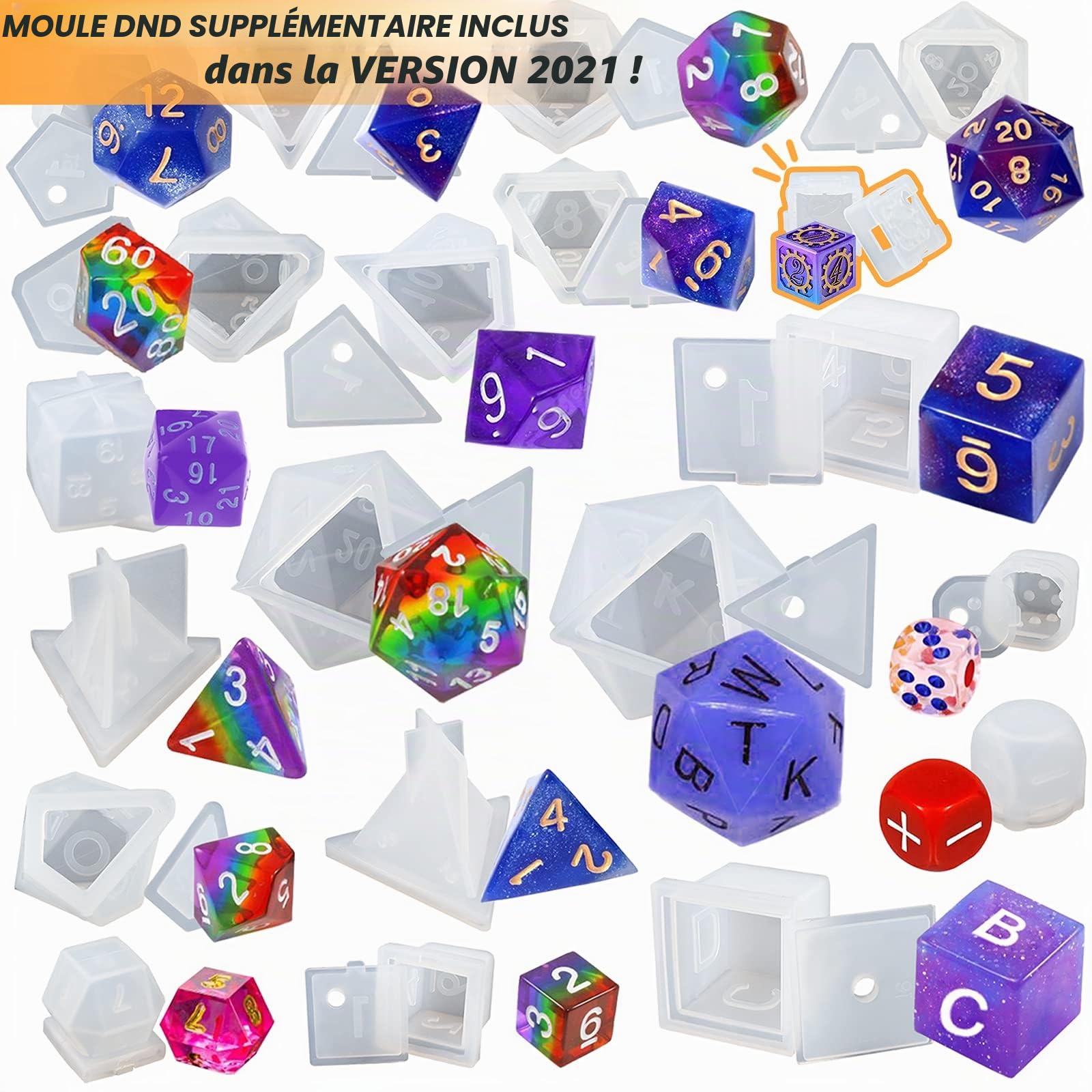 FUNSHOWCASE Résine Époxy Dés Silicone Moules Moulage Kit Set pour Jeux de Table, dés multifaces, 20 moules, Nombre, Lettre, D4, D6, D8, D10, D12, D20, D24, RPG, 0,7-1,6 Pouces