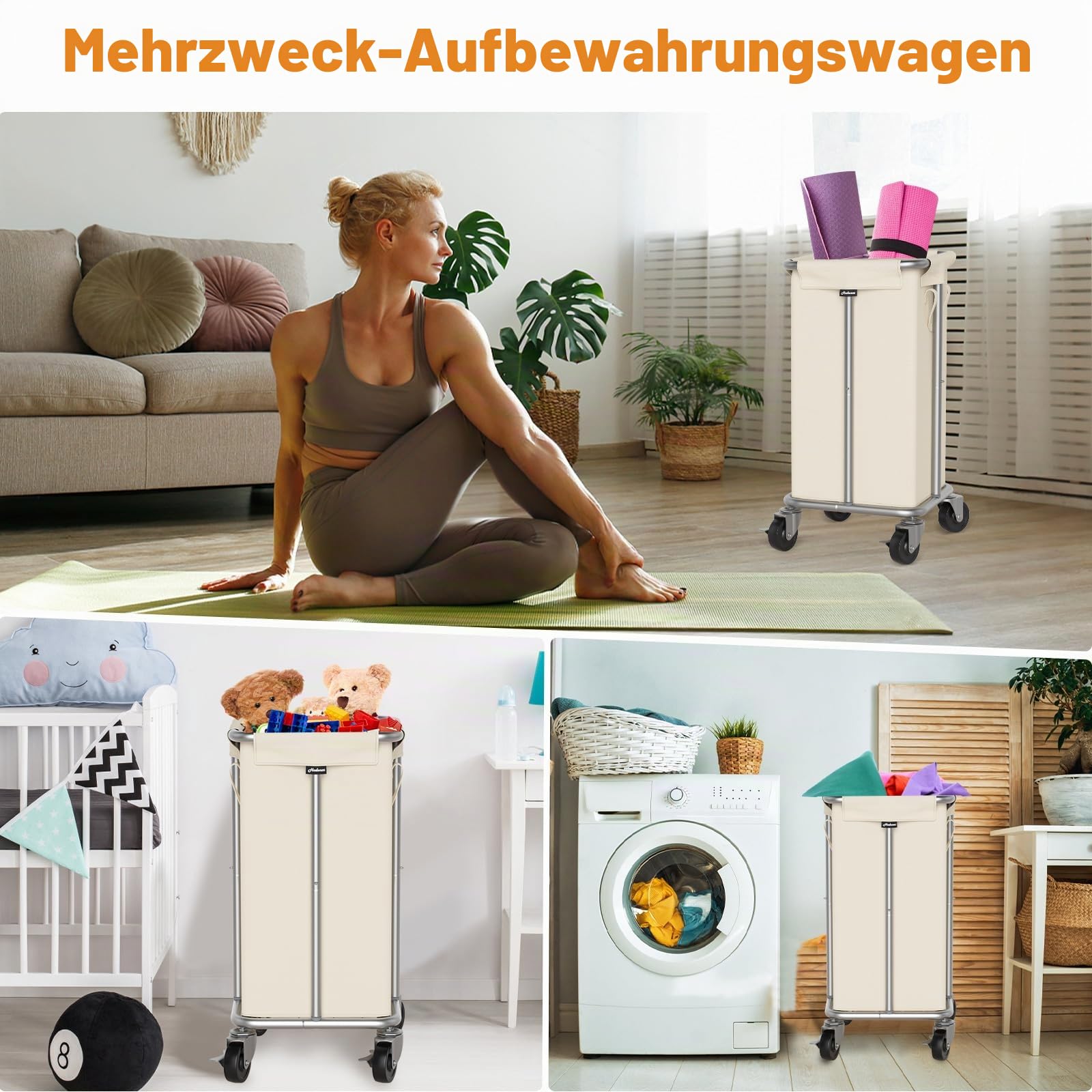 Hodonas Wäschekorb mit Rollen, 115 l, rollender Wäschekorb, großer Wäschekorb mit Stahlrahmen und abnehmbarer Tasche, Schlafzimmer, Badezimmer, Schlafsaal, Waschküche, Organisationskörbe, Beige