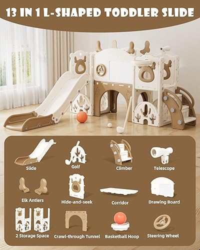 Miniatura 2 de YUFU Tobogán infantil 13 en 1 para niños pequeños, juego de tobogán con golf, tabla de dibujo, escalador, aro de baloncesto y espacio de