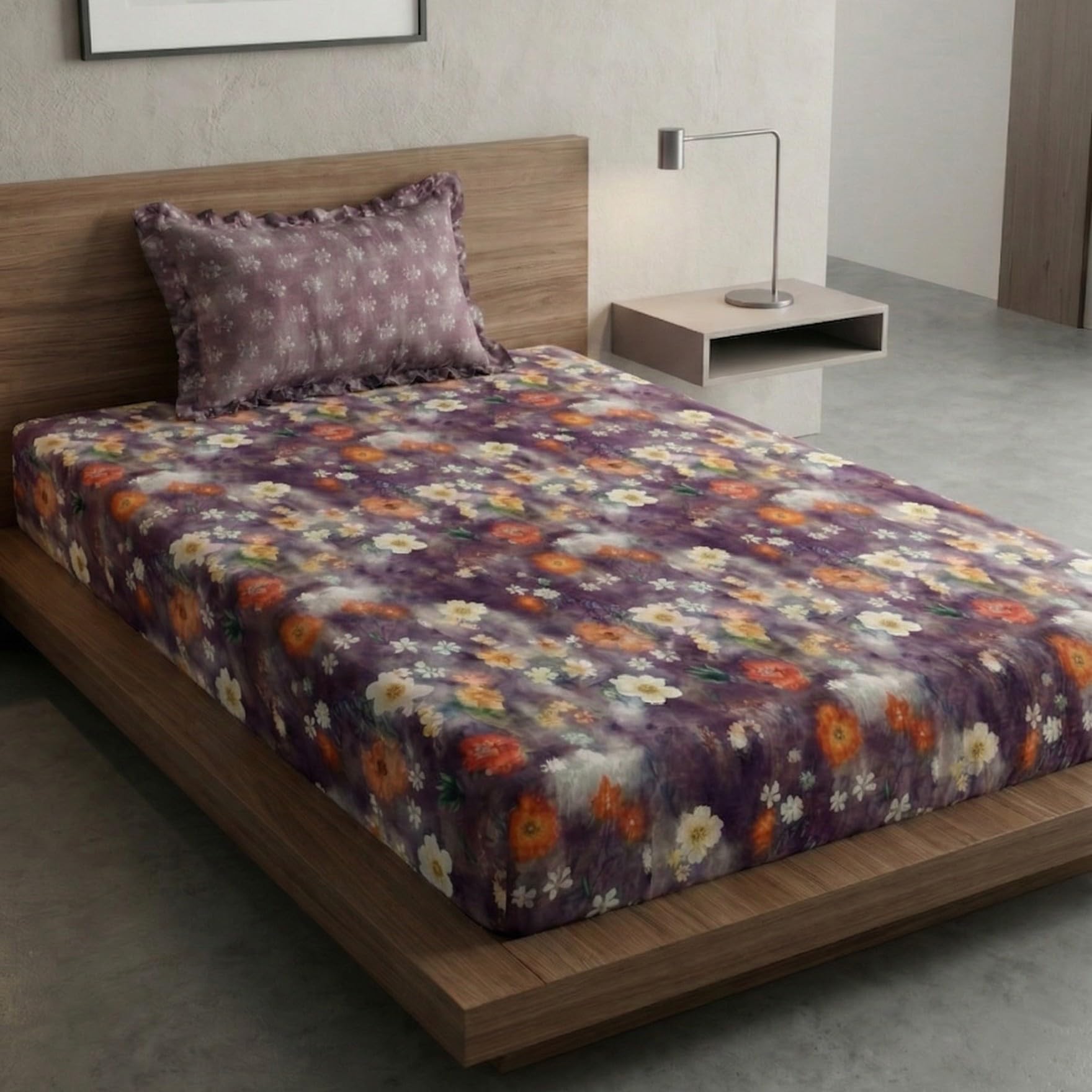 Home Sizzler 210TC Plum Voilet Botanical Print Elastic Fitted Single Bedsheet (72X36 Inch) with 1 Pillow Cover-image-10