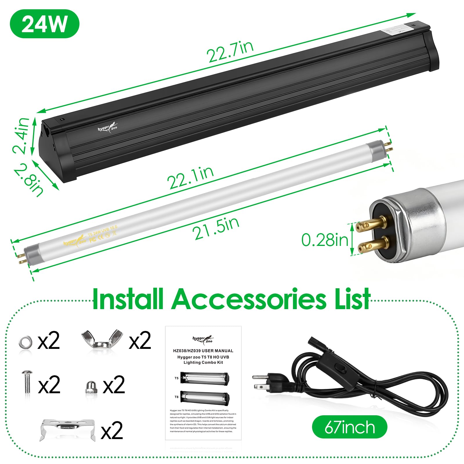 UVB Light for Reptiles Bearded Dragon, T5 UVB Reptile Light Fixture HO UVB Bulb Lighting Combo Kit 10.0 24W UVA UVB Reptile Light Bulb Terrarium Lamp Tube Bar for Snake Gecko Turtle Lizard, 22 Inch - image 7