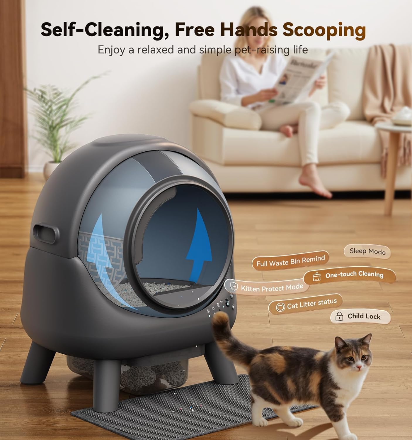 A cat standing near the FEELNEEDY self-cleaning litter box, with text indicating 'Self-Cleaning, Free Hands Scooping' and features like Full Waste Bin Remind, Sleep Mode, Kitten Protect Mode, One-touch Cleaning, and Cat Litter Status.