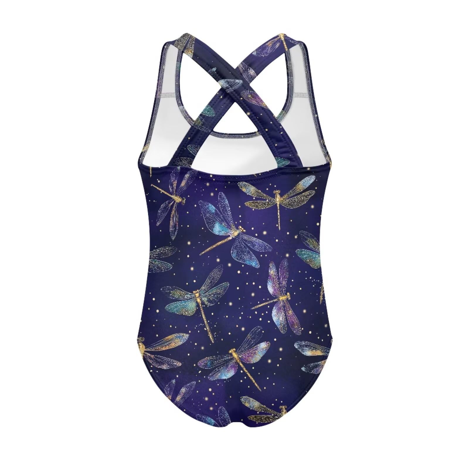 JUDENTIDOS Blue Dragonfly Print Girls 1 Piece Swimsuits Bathing Suits for Kids Cross Back Swimwear Beach Summer Swim Suits for 5-14 Years