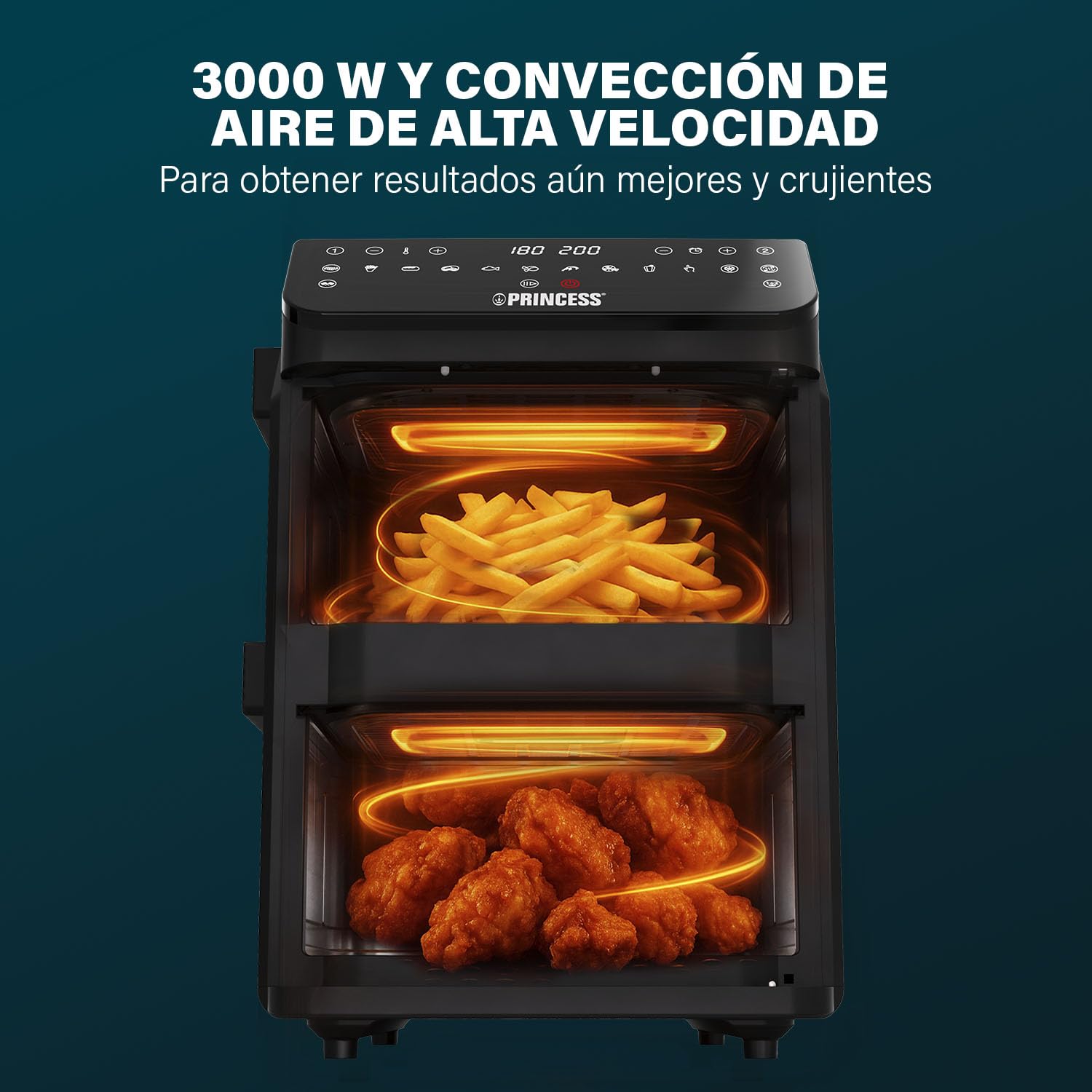 Princess Stack Freidora de Aire, Doble Freidora, 11,2 L, 3000 W, Diseño Vertical, Función Sincronizada, Revestimiento sin PFAS, Negro, 01.182278.01.001