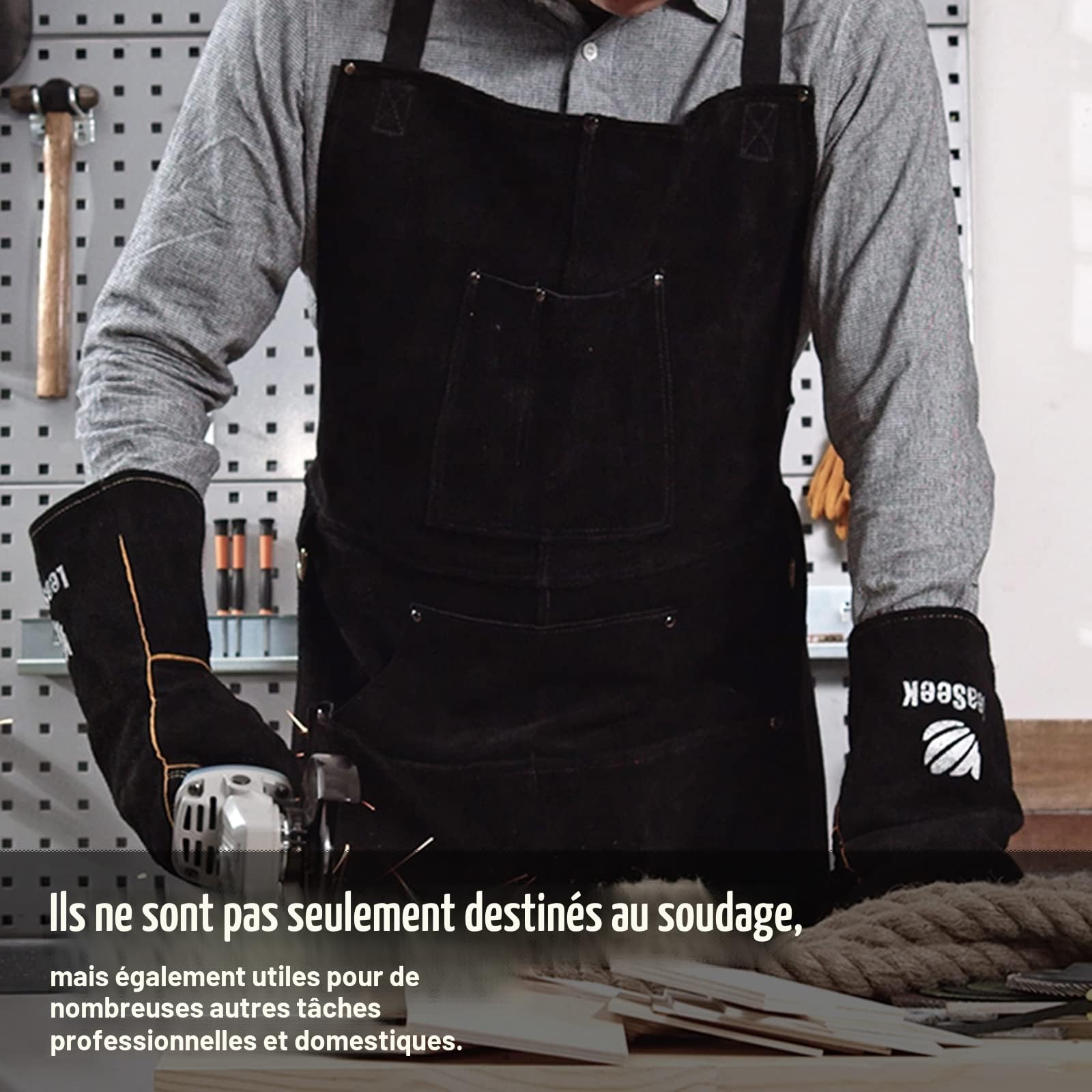Leaseek Tablier de Soudure, Tablier de Travail en Cuir de Vachette avec 6 Poches, résistant à la chaleur et ignifuge, Bretelles Réglables de M à XXXL pour Hommes et Femmes，Noir
